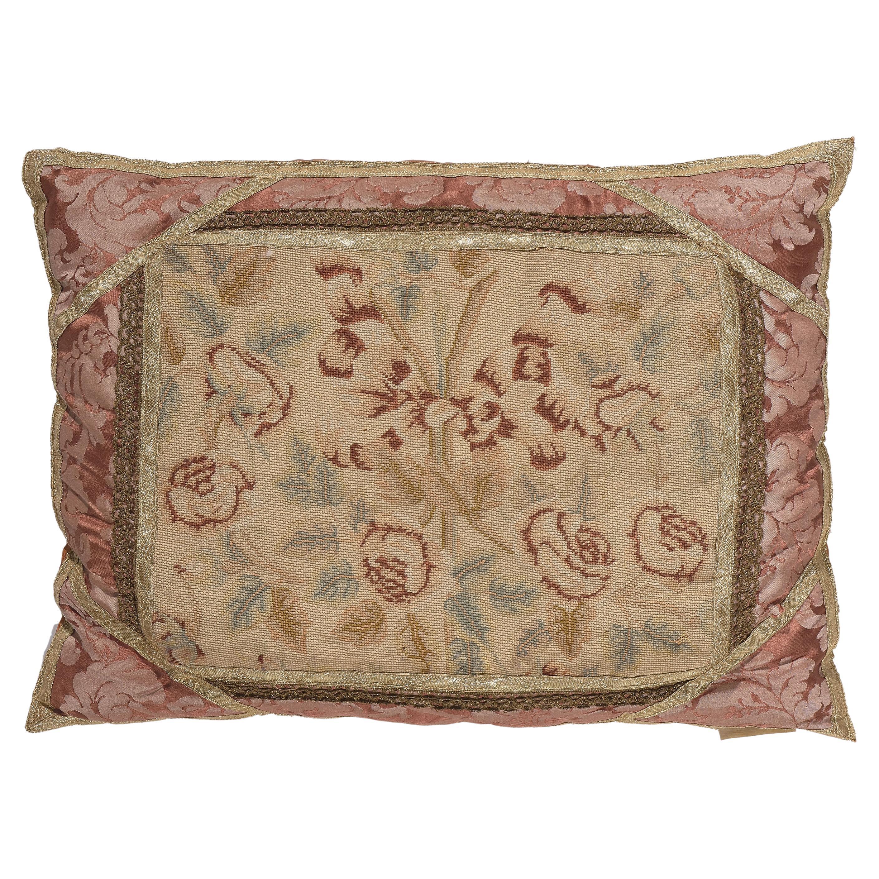 Antique French Aubusson Pillow with Needlepoint Tapestry