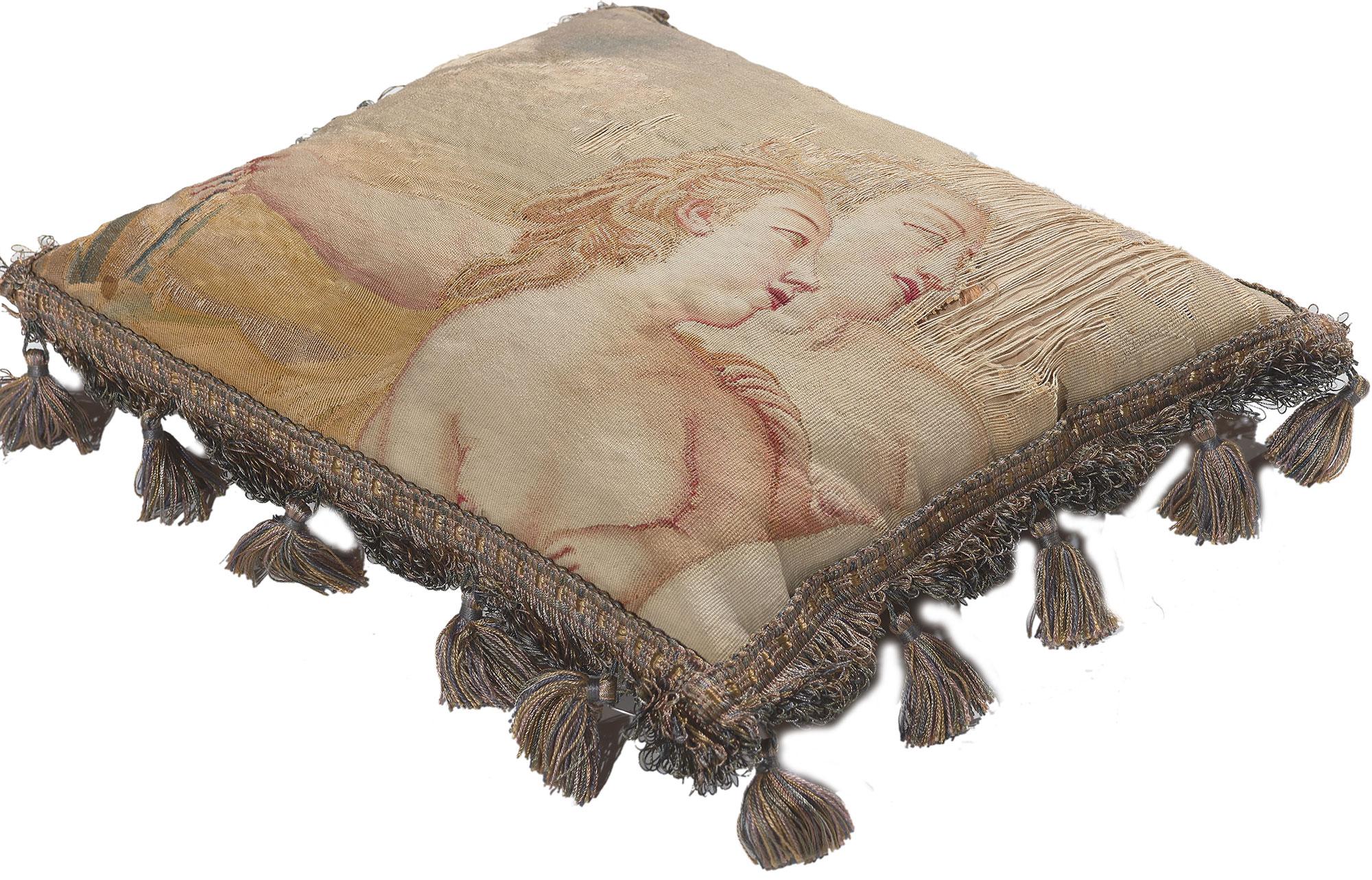 78619 Antique French Aubusson Pillow, 01'02 x 01'0. Boasting Baroque elements with elaborate detail and texture, this handwoven antique French Aubusson pillow is a captivating vision of woven beauty. The mythological design and soft earthy colors