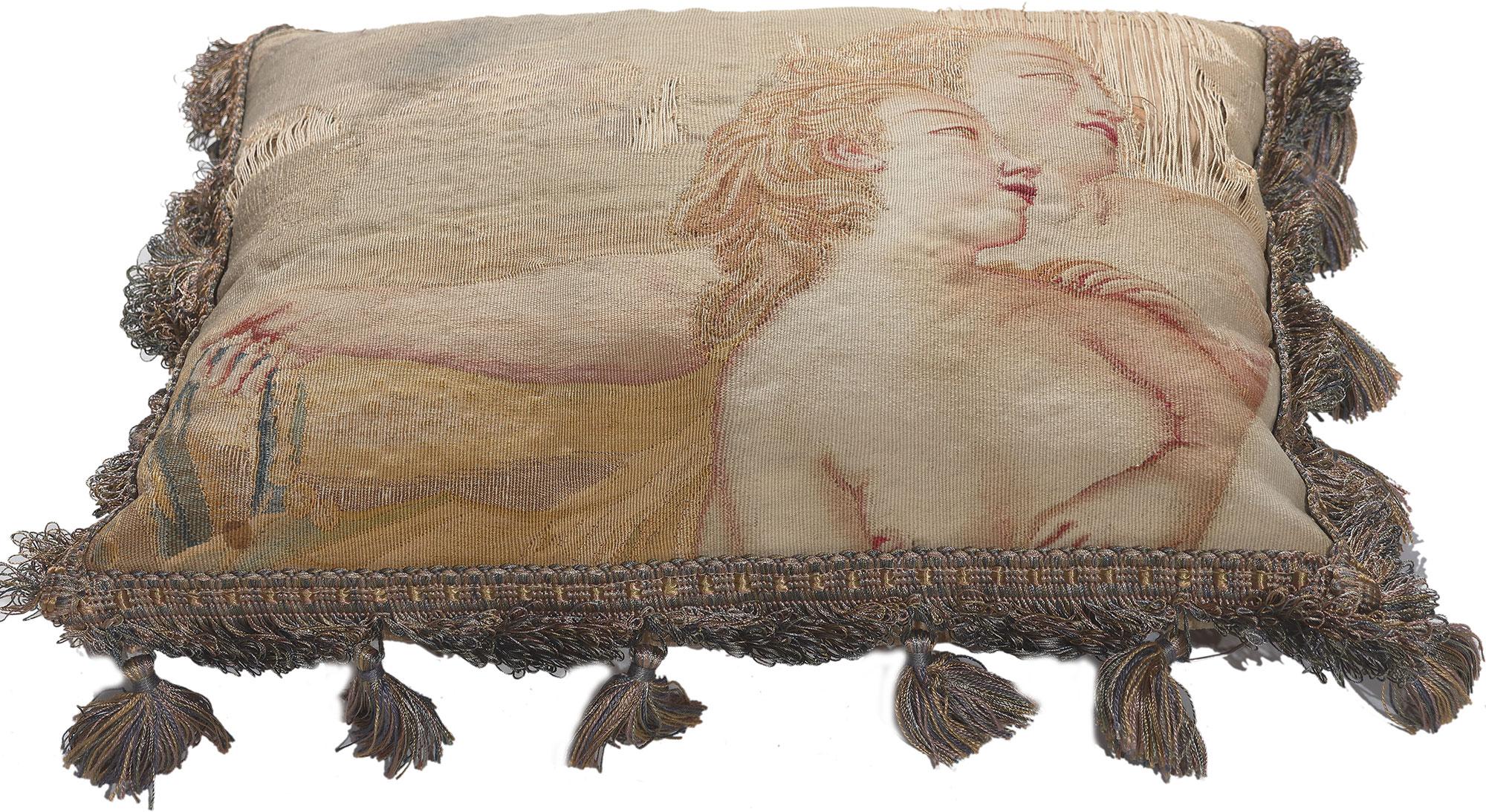 Hand-Woven Antique French Aubusson Pillow with Venus and Adonis For Sale