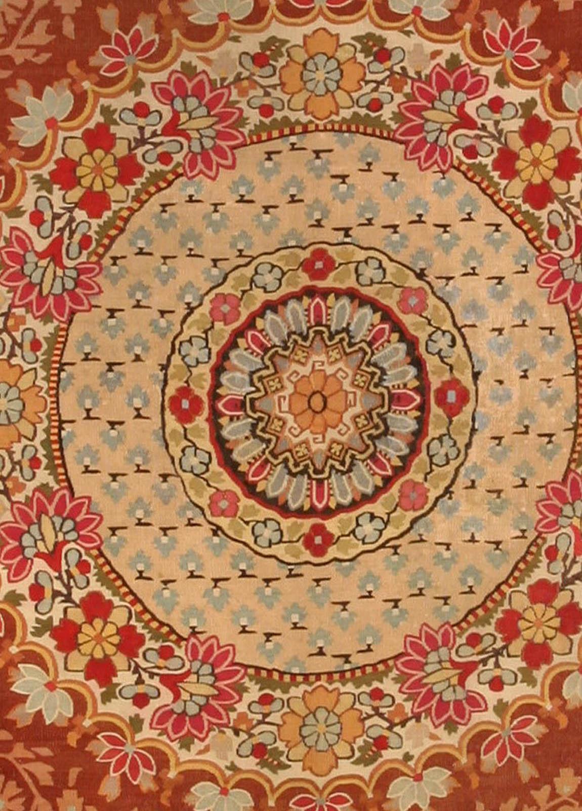 Antique French Aubusson red botanic handmade wool rug
Size: 13'5