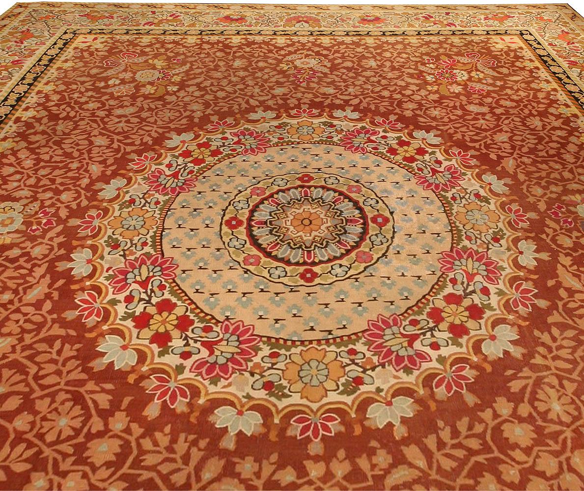 Hand-Knotted Antique French Aubusson Botanic Handmade Wool Rug For Sale