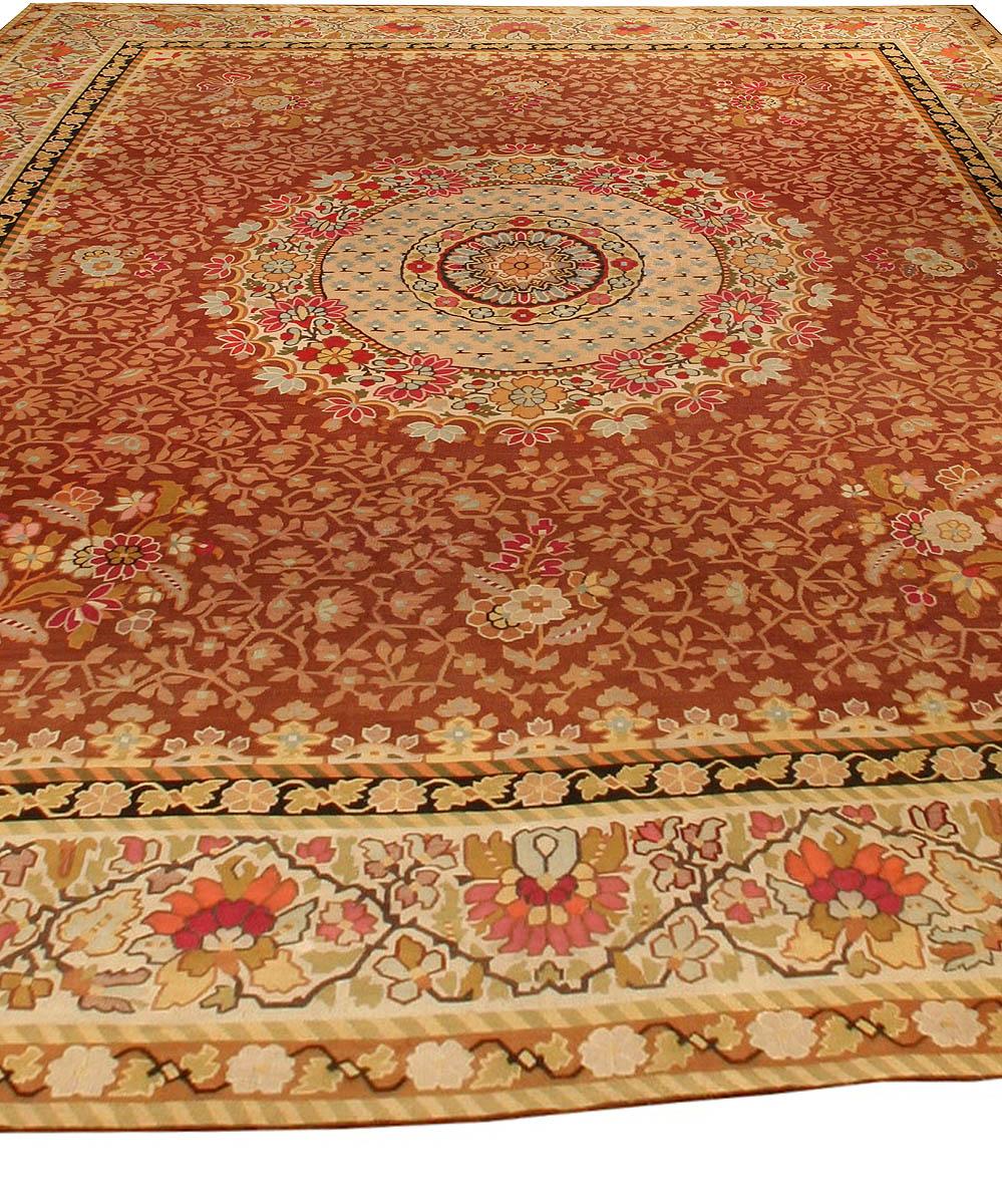 Noué à la main Ancien tapis botanique français d'Aubusson en laine fait main en vente