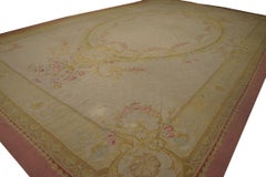 1900s Medallion Antique French Aubusson Carpet 13'6''x22'6'' Flatweave Wool Rug