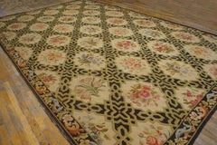1920s Brown Geometric Antique French Aubusson Carpet 9'8''x15'3'' Woven Wool Rug