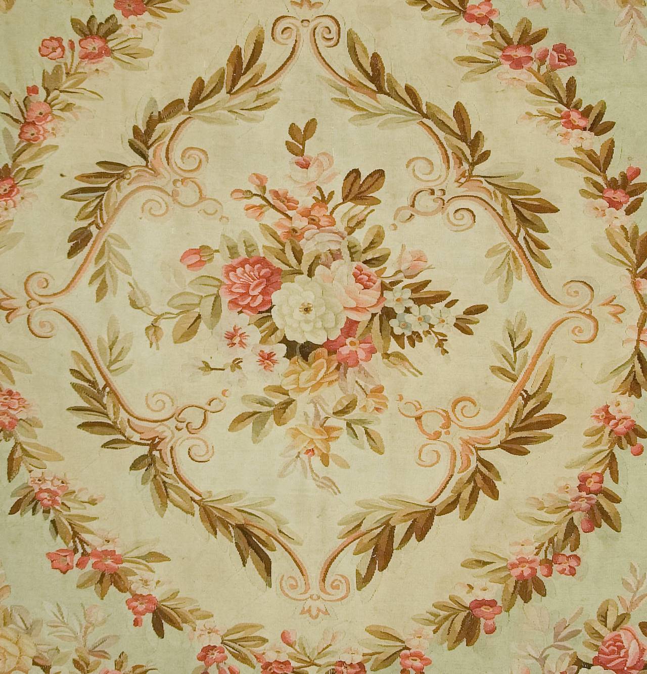 Antique French Aubusson rug, circa 1890. Aubusson carpets are pile less and tapestry woven from that town to the southwest of Paris, by a group of independent weavers working under Royal or State protection. The designs are strictly classical,
