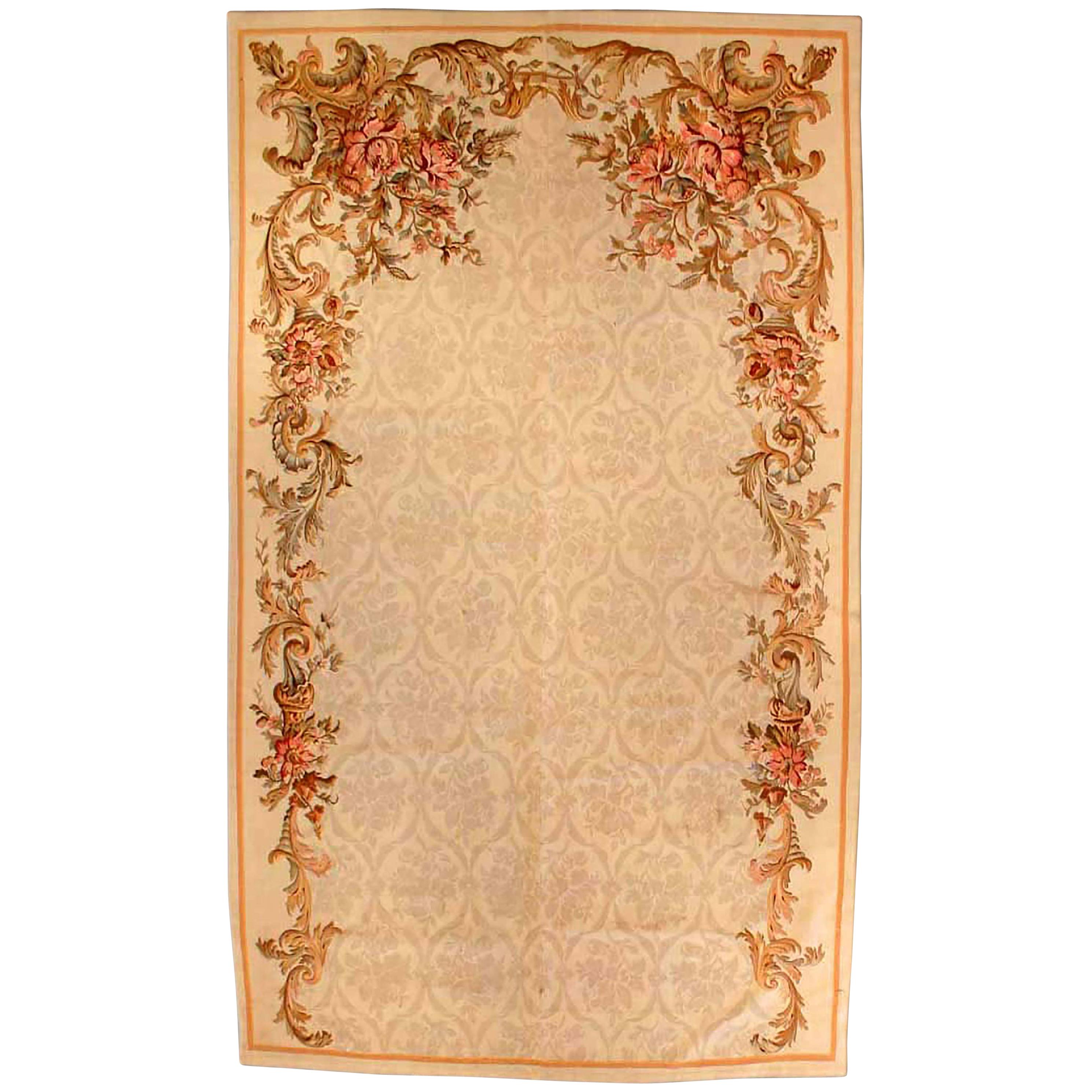 Antique French Aubusson Botanic Handmade Wool Rug For Sale