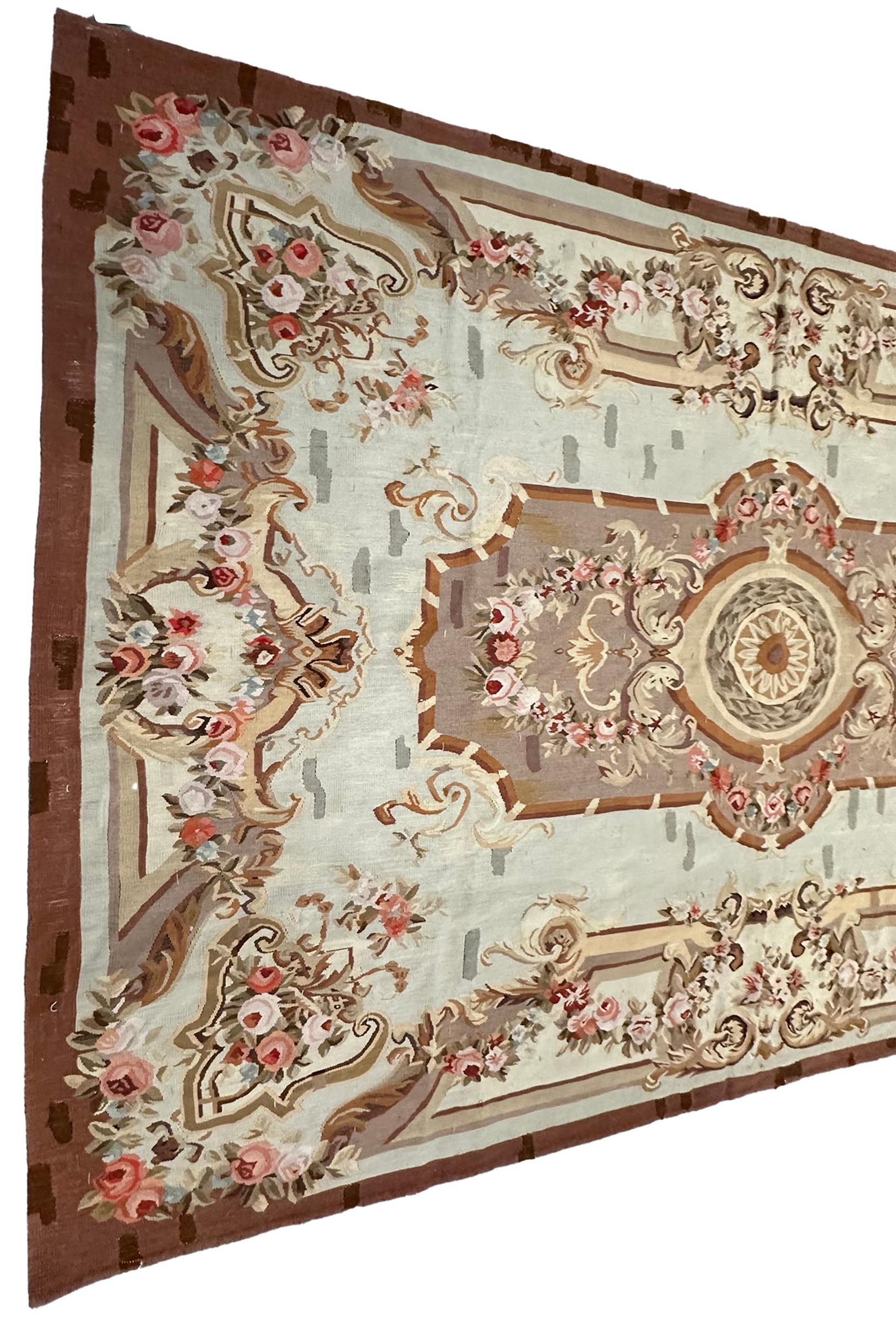 Hand-Knotted Antique French Aubusson Rug Hand Woven 1880 6x7ft Rare Design 178cm x 206cm For Sale