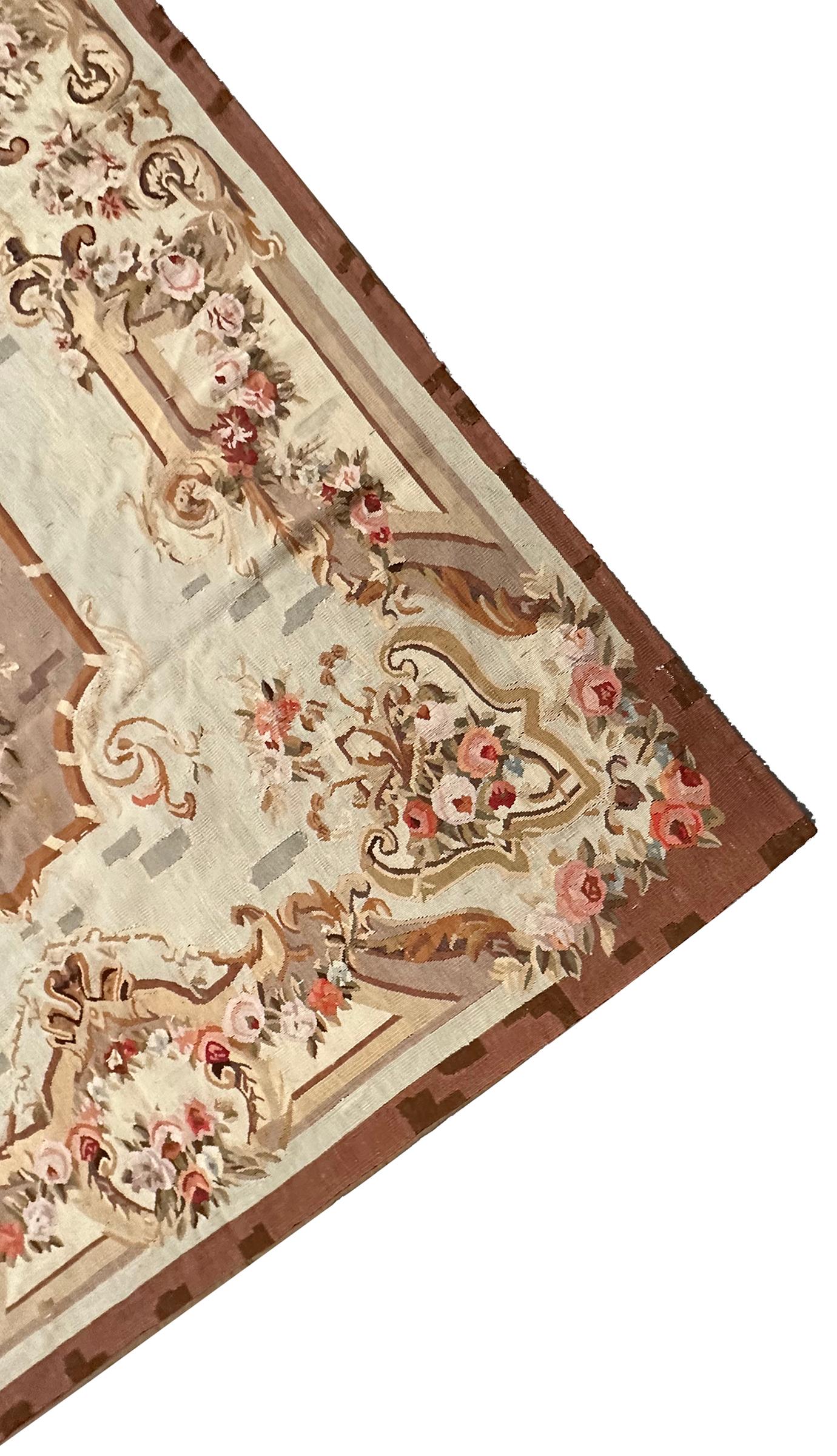 Late 19th Century Antique French Aubusson Rug Hand Woven 1880 6x7ft Rare Design 178cm x 206cm For Sale