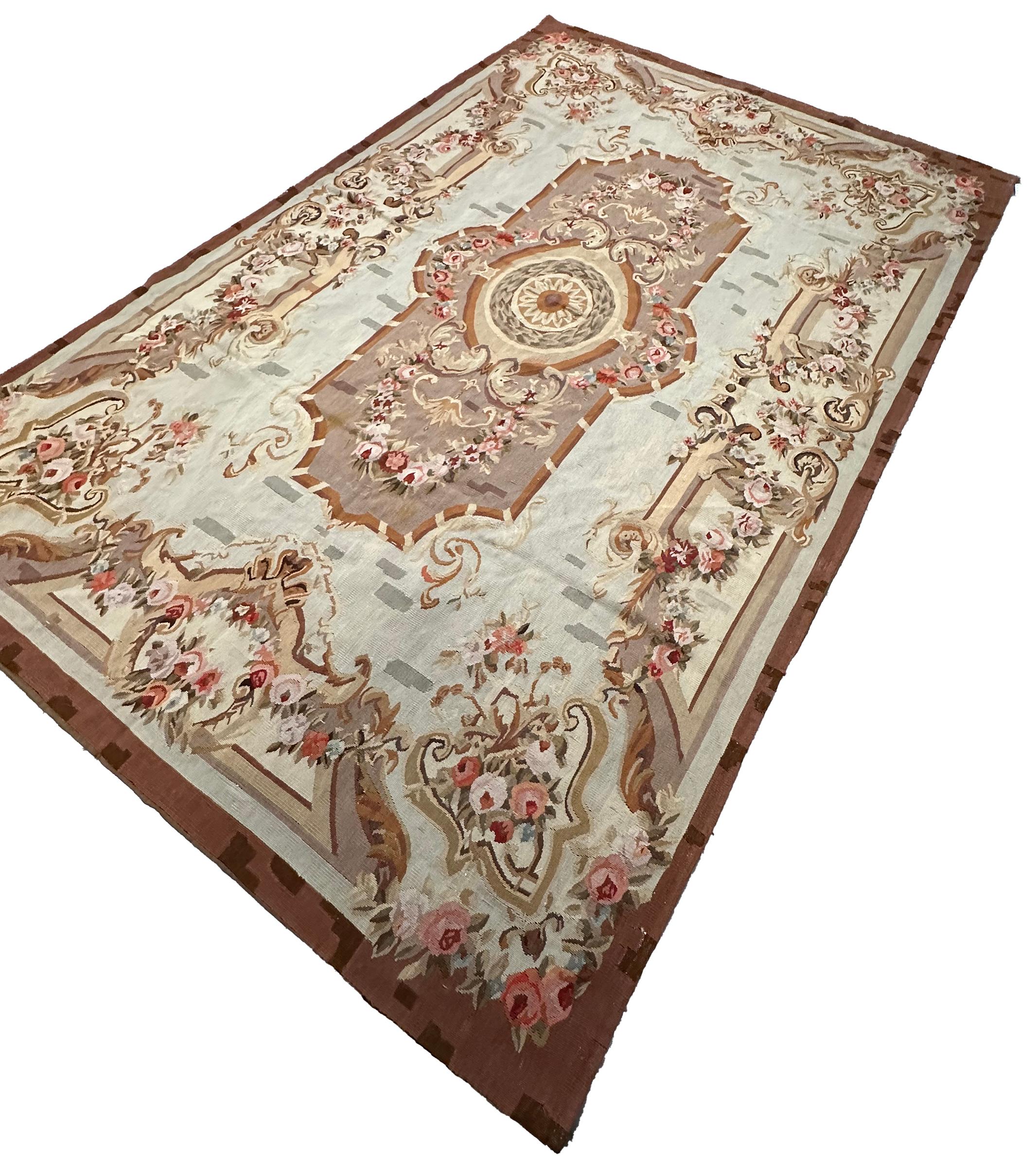 Wool Antique French Aubusson Rug Hand Woven 1880 6x7ft Rare Design 178cm x 206cm For Sale