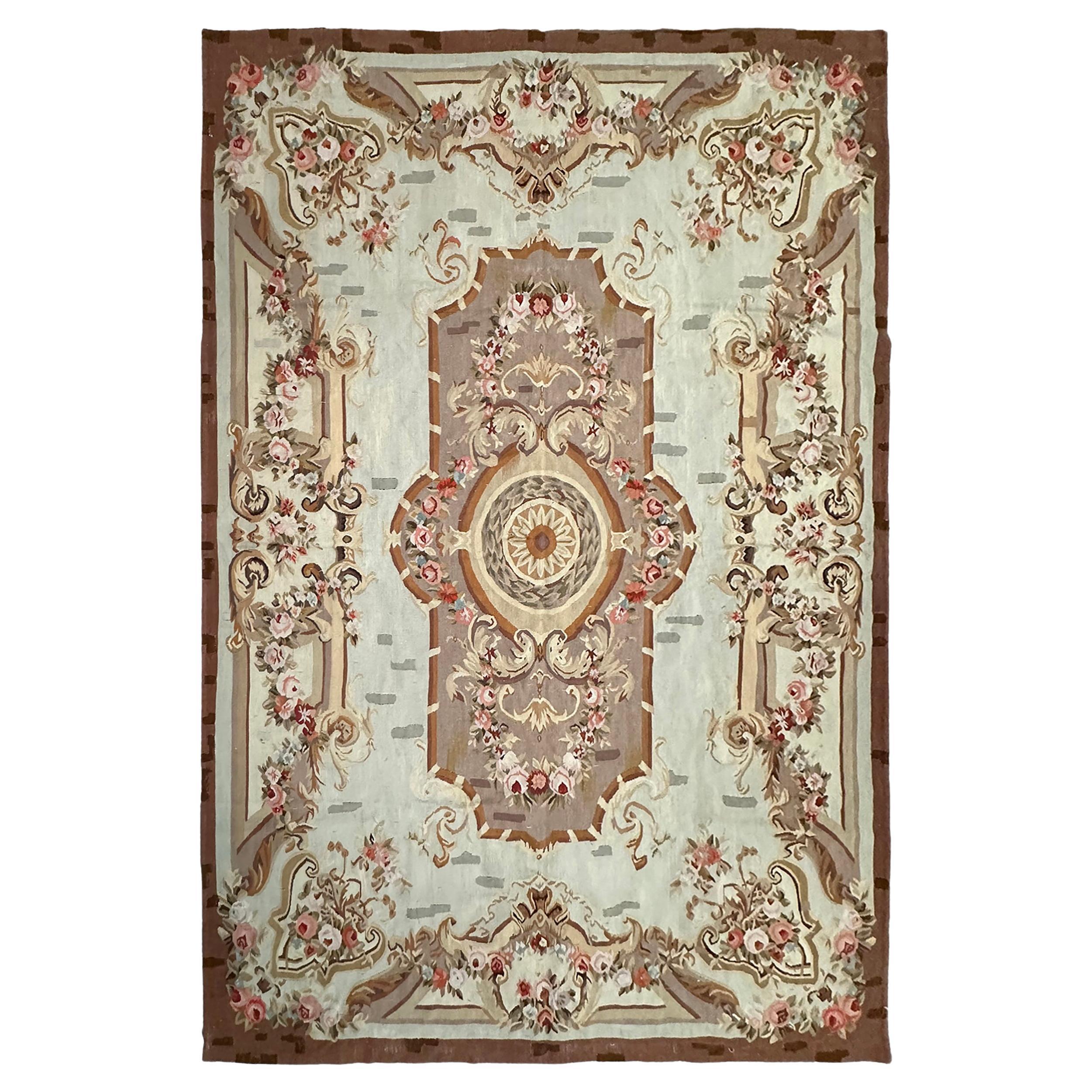 Tapis d'Aubusson français ancien tissé à la main 1880 6x7ft Design rare 178 cm x 206 cm