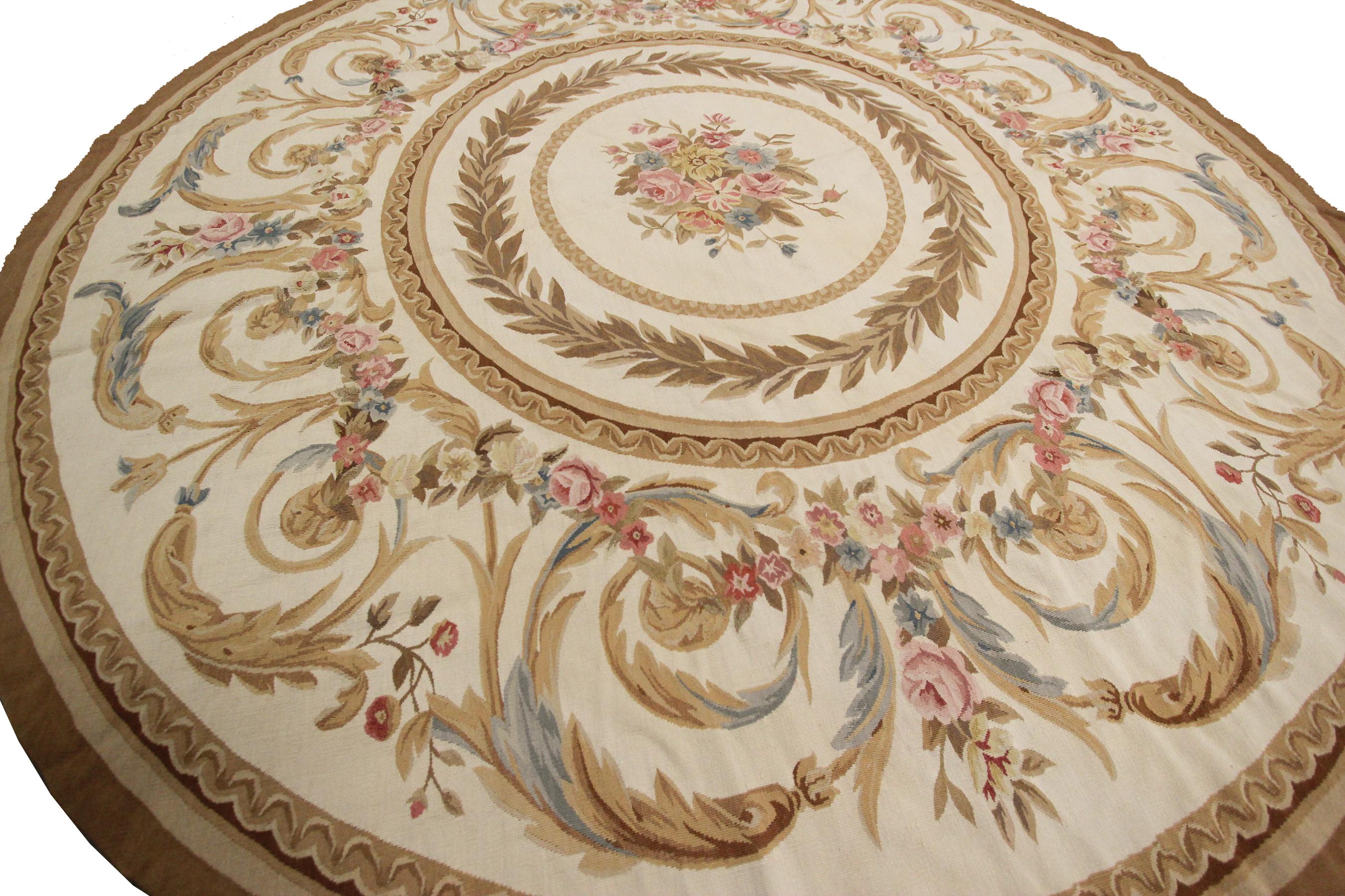Ancien tapis d'Aubusson français tissé à la main, tapis rond 8x8, 244 cm x 244 cm


