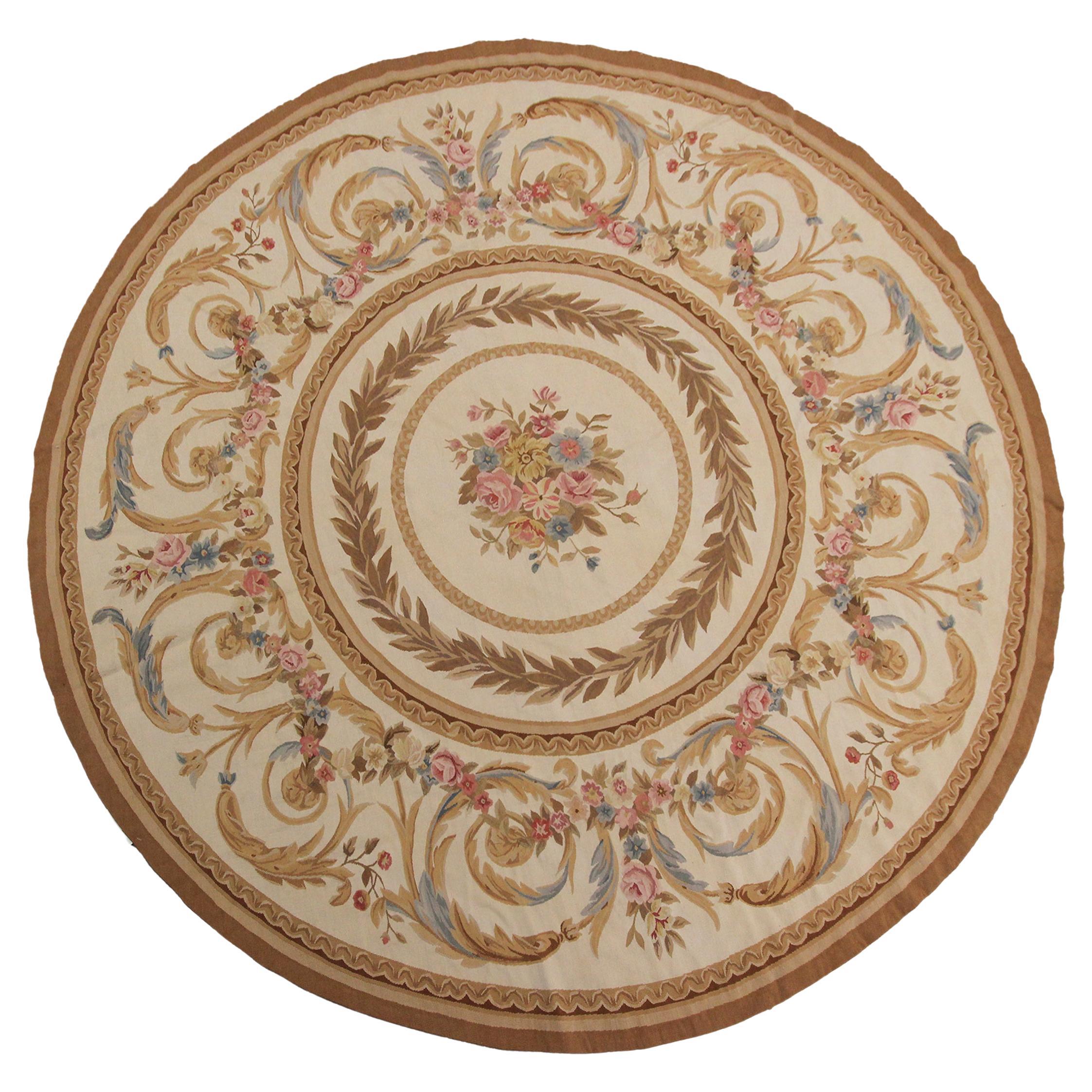 Ancien tapis d'Aubusson français tissé à la main, tapis rond 8x8, 244 cm x 244 cm en vente