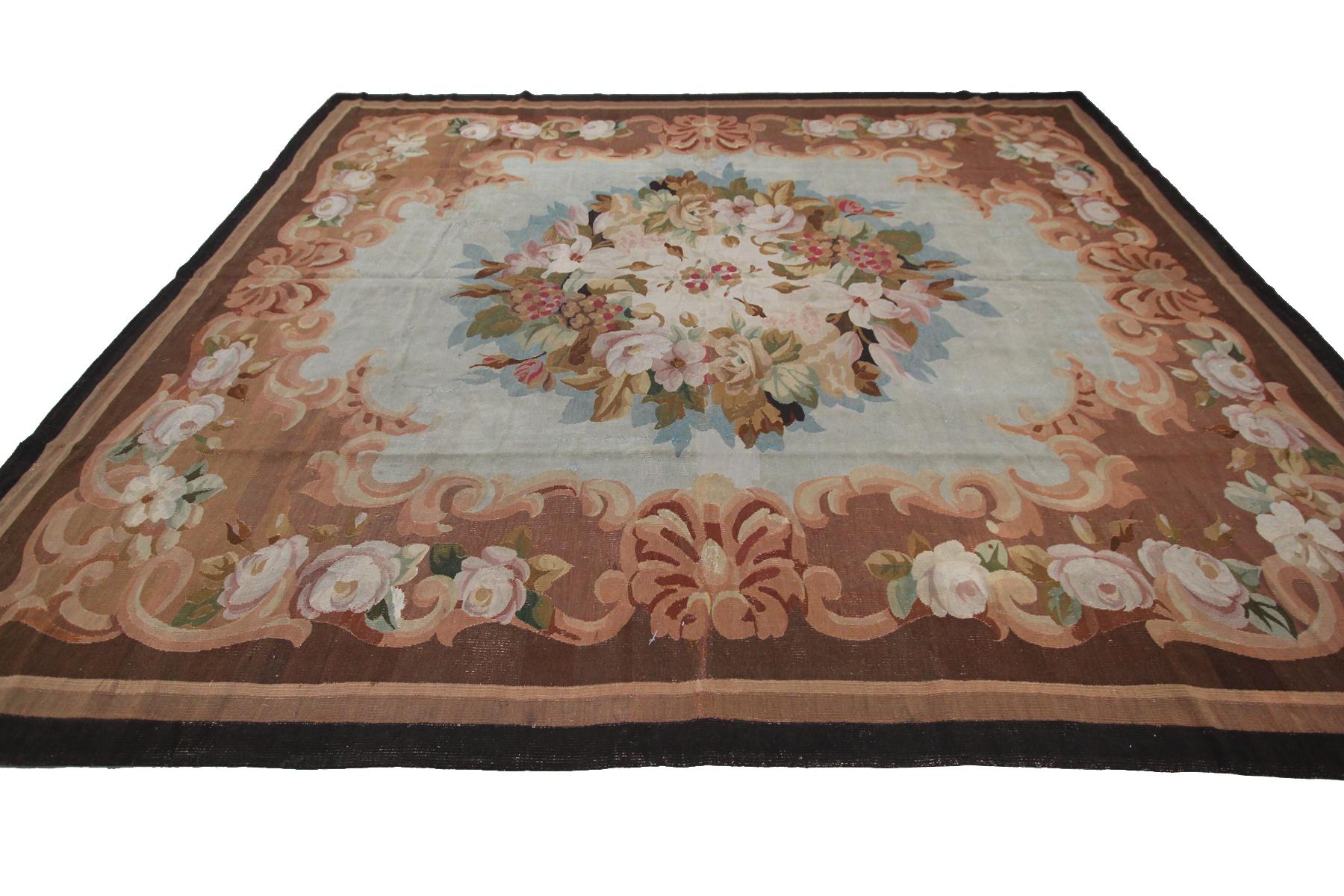 Authentic antique French Aubusson rug Napoleon III Brown 11'1