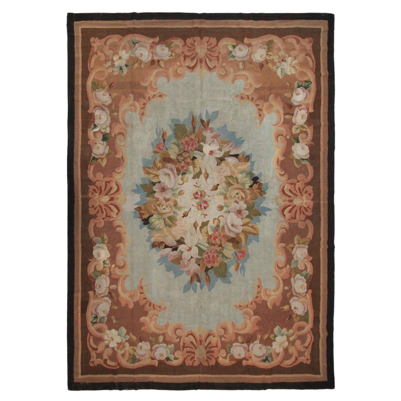 Ancien tapis français d'Aubusson bleu Napoléon III tissé à la main, pré-1900