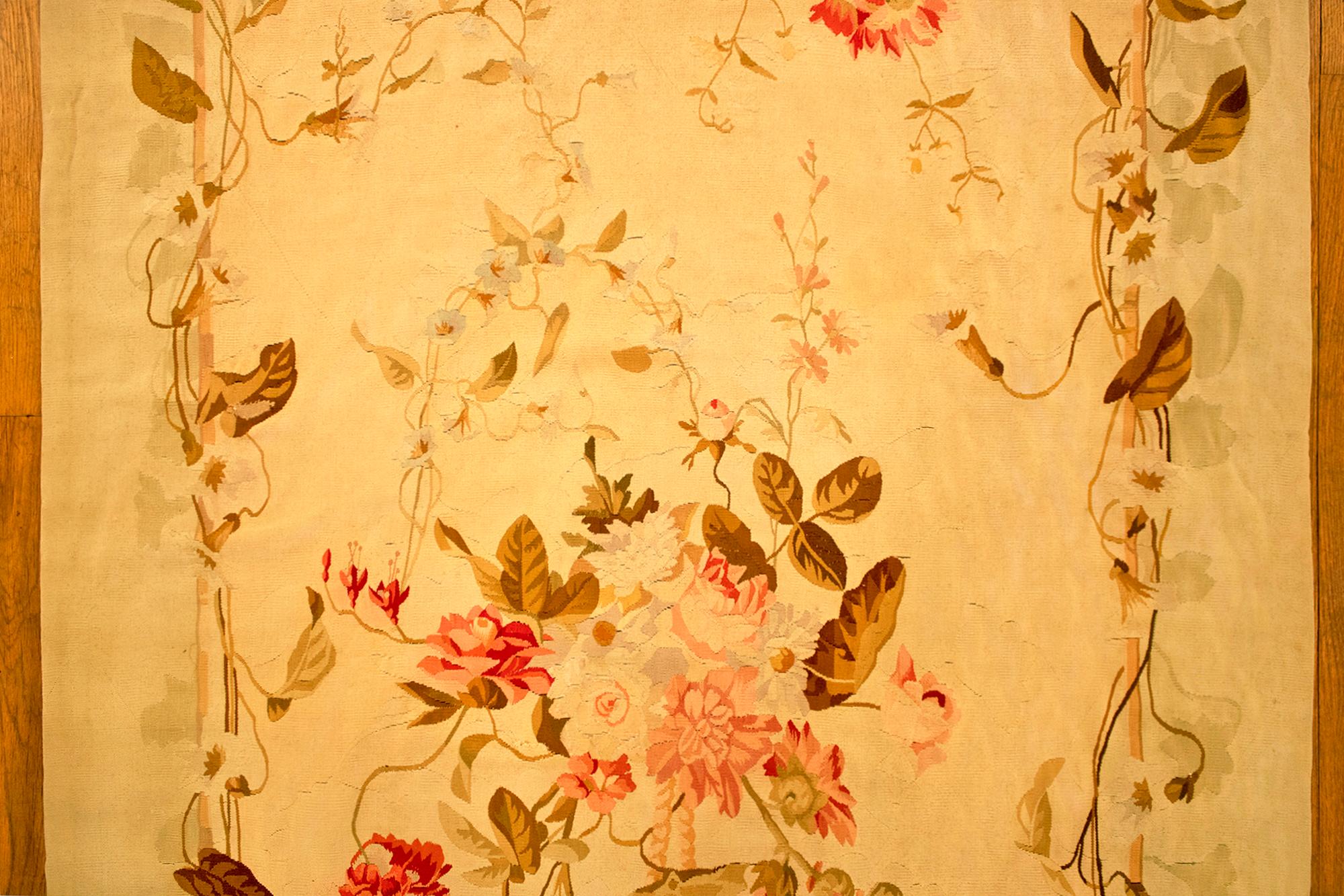 Wool Antique French Aubusson Rug, in Gallery Size w/ Floral Elements For Sale