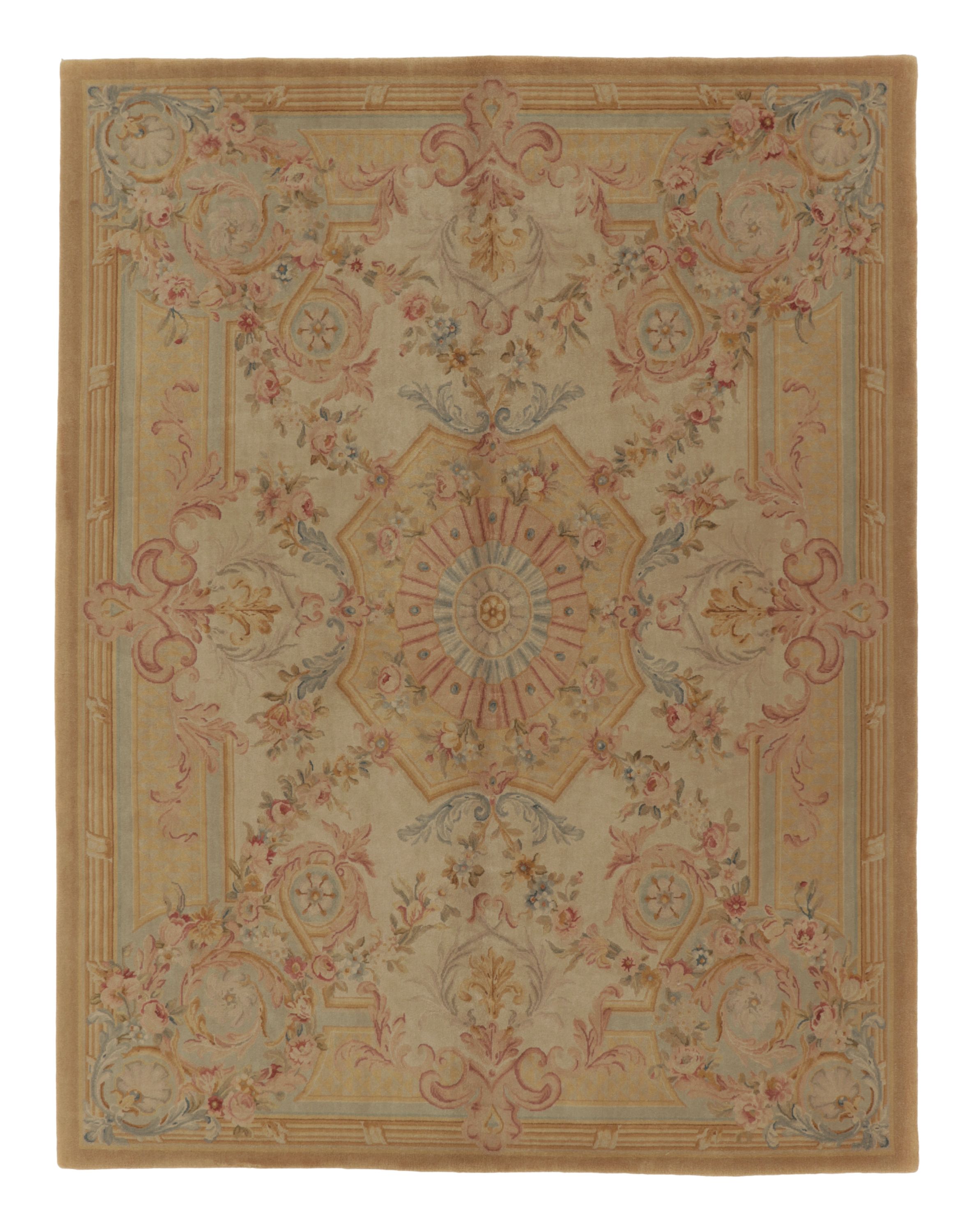 Antique French Aubusson Rug in Gold with Pastel Floral Medallions - Rug & Kilim