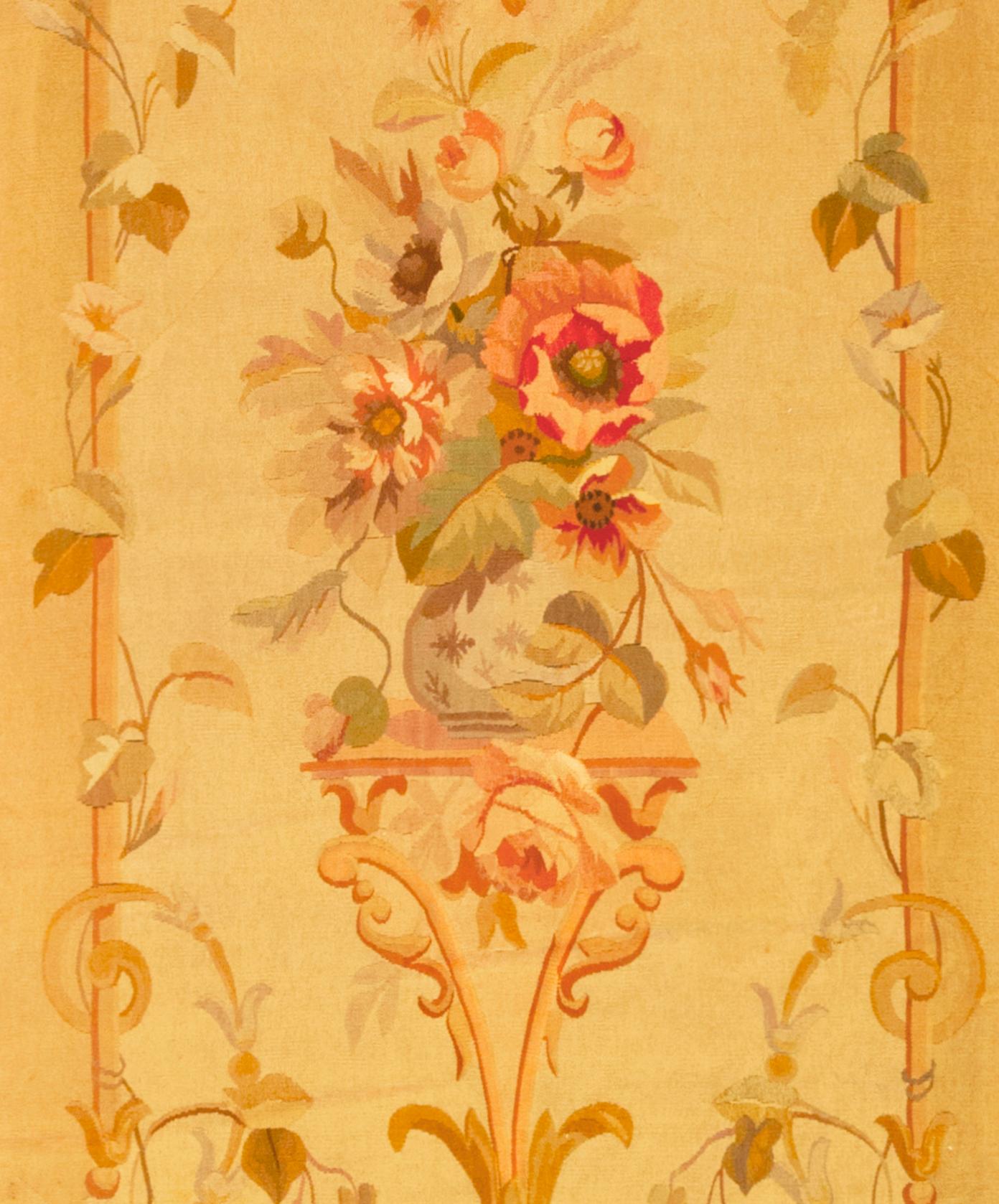 Hand-Woven Antique French Aubusson Rug, in Runner size W/ Central Medallion and Flowers For Sale