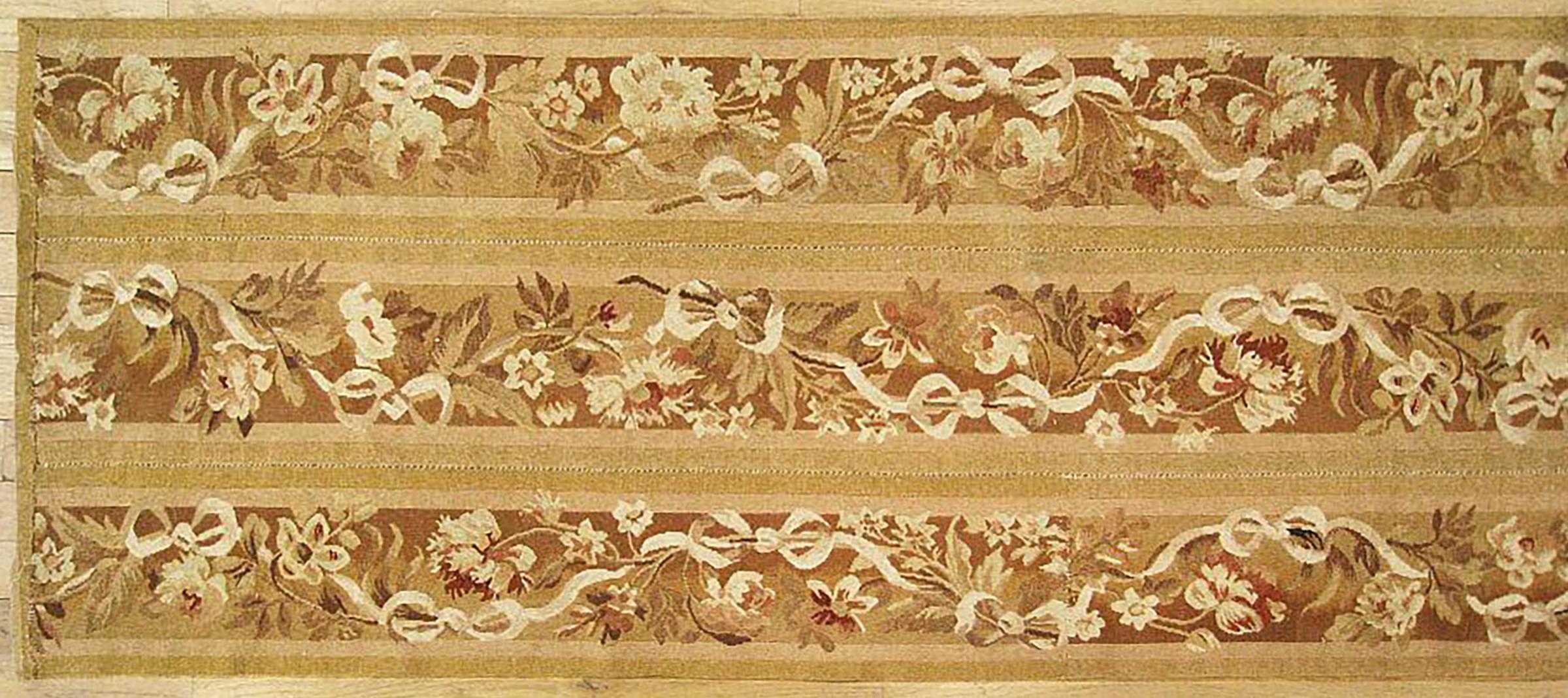 Hand-Woven Antique French Aubusson Rug, in Runner size W/ Floral Elements For Sale