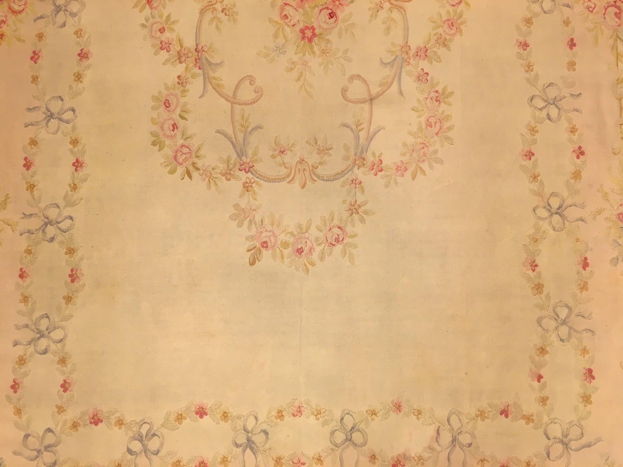 Late 19th Century Antique French Aubusson Rug, W/ Central Medallion and Flowers For Sale