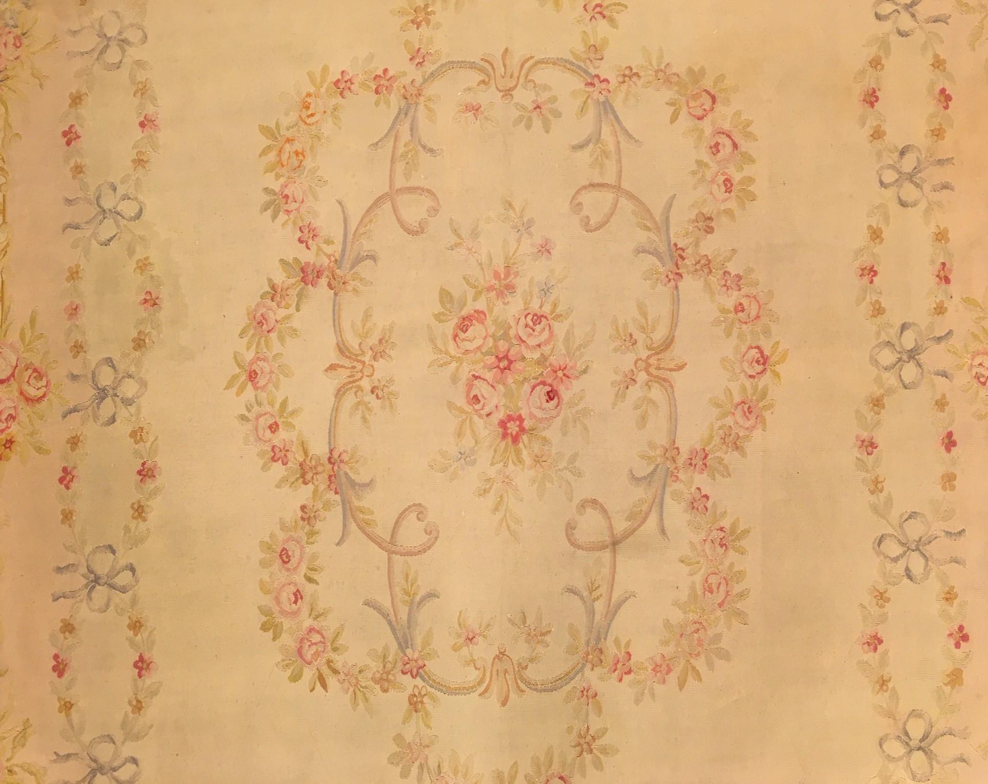Wool Antique French Aubusson Rug, W/ Central Medallion and Flowers For Sale