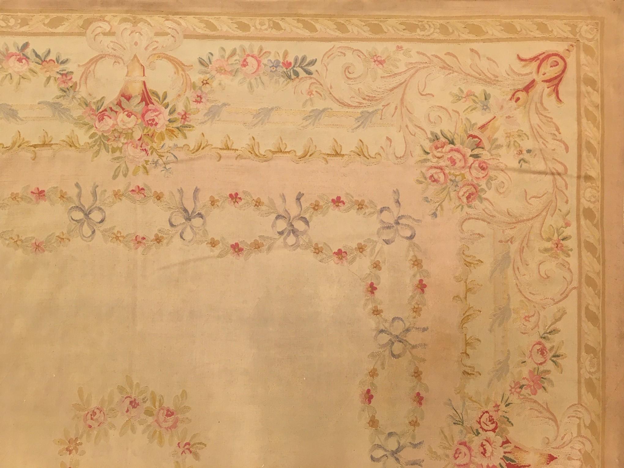 Antique French Aubusson Rug, W/ Central Medallion and Flowers For Sale 3