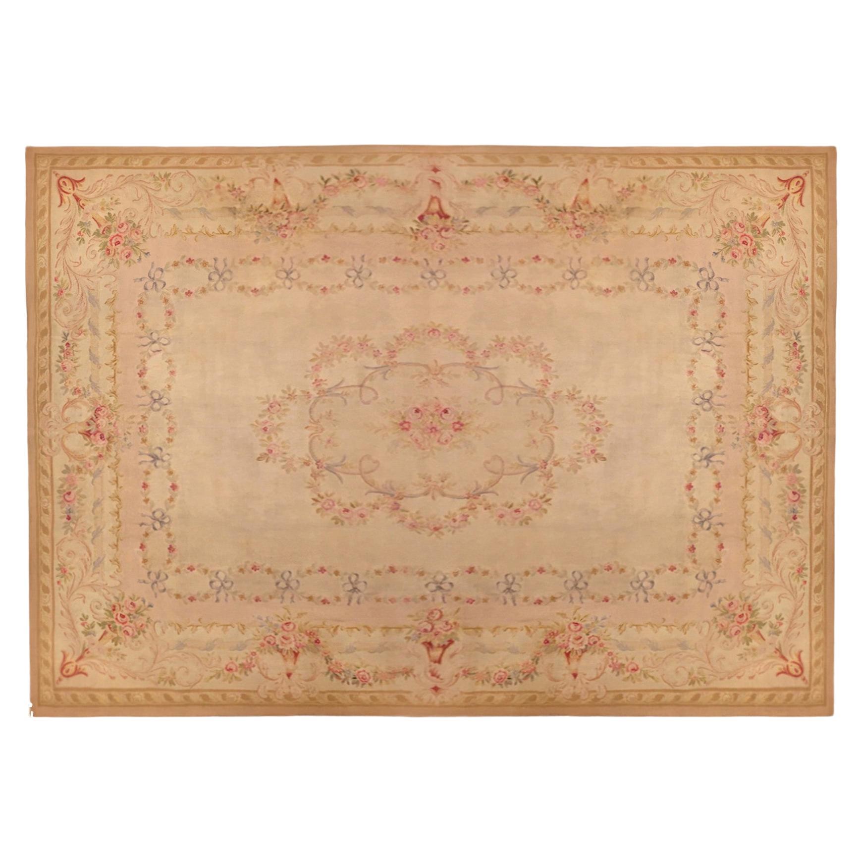 Antique French Aubusson Rug, W/ Central Medallion and Flowers For Sale