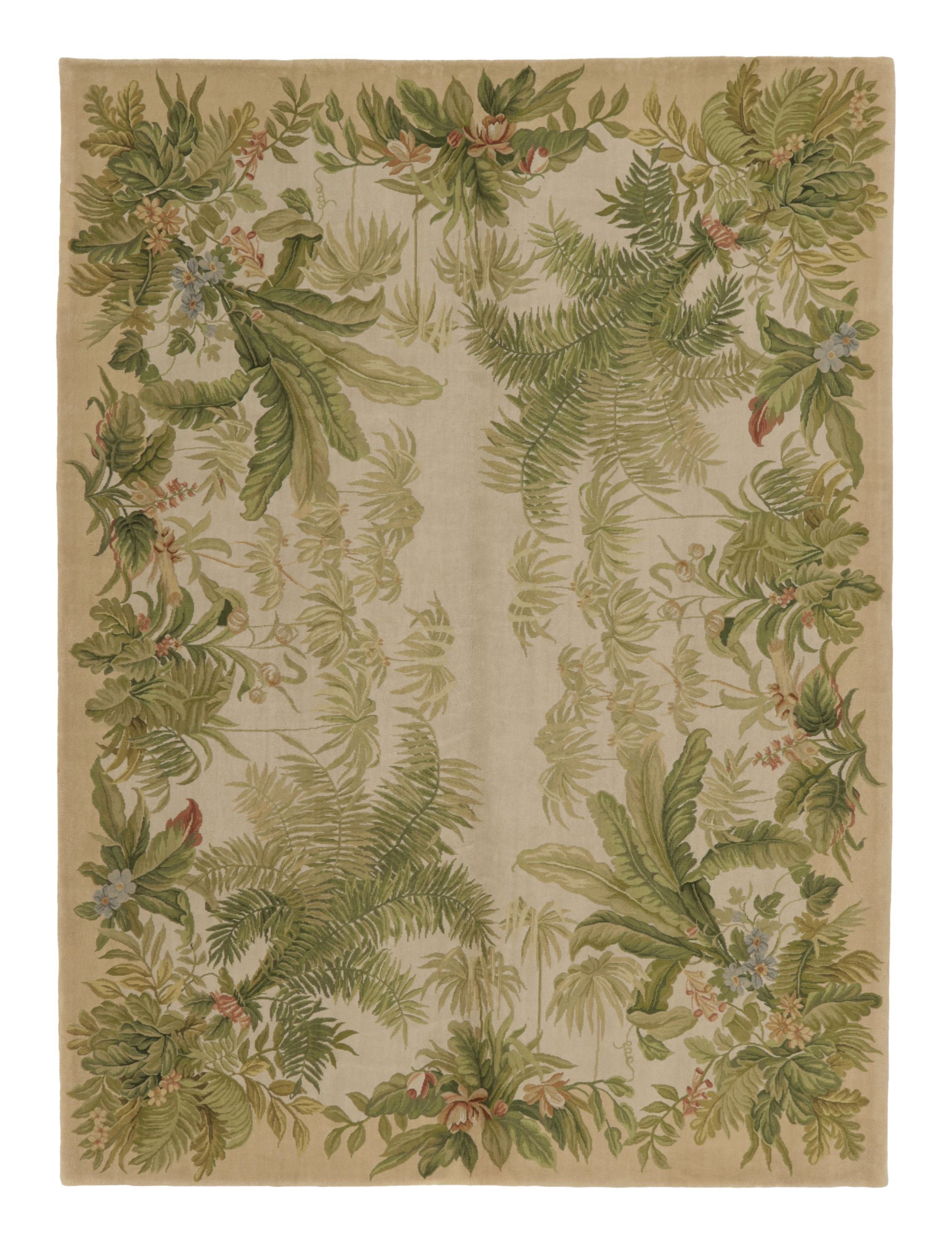 Antique French Aubusson Rug with Botanical Green Floral Design - Rug & Kilim