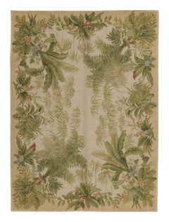 Antique French Aubusson Teppich mit botanischem grünem Blumenmuster - Rug & Kilim