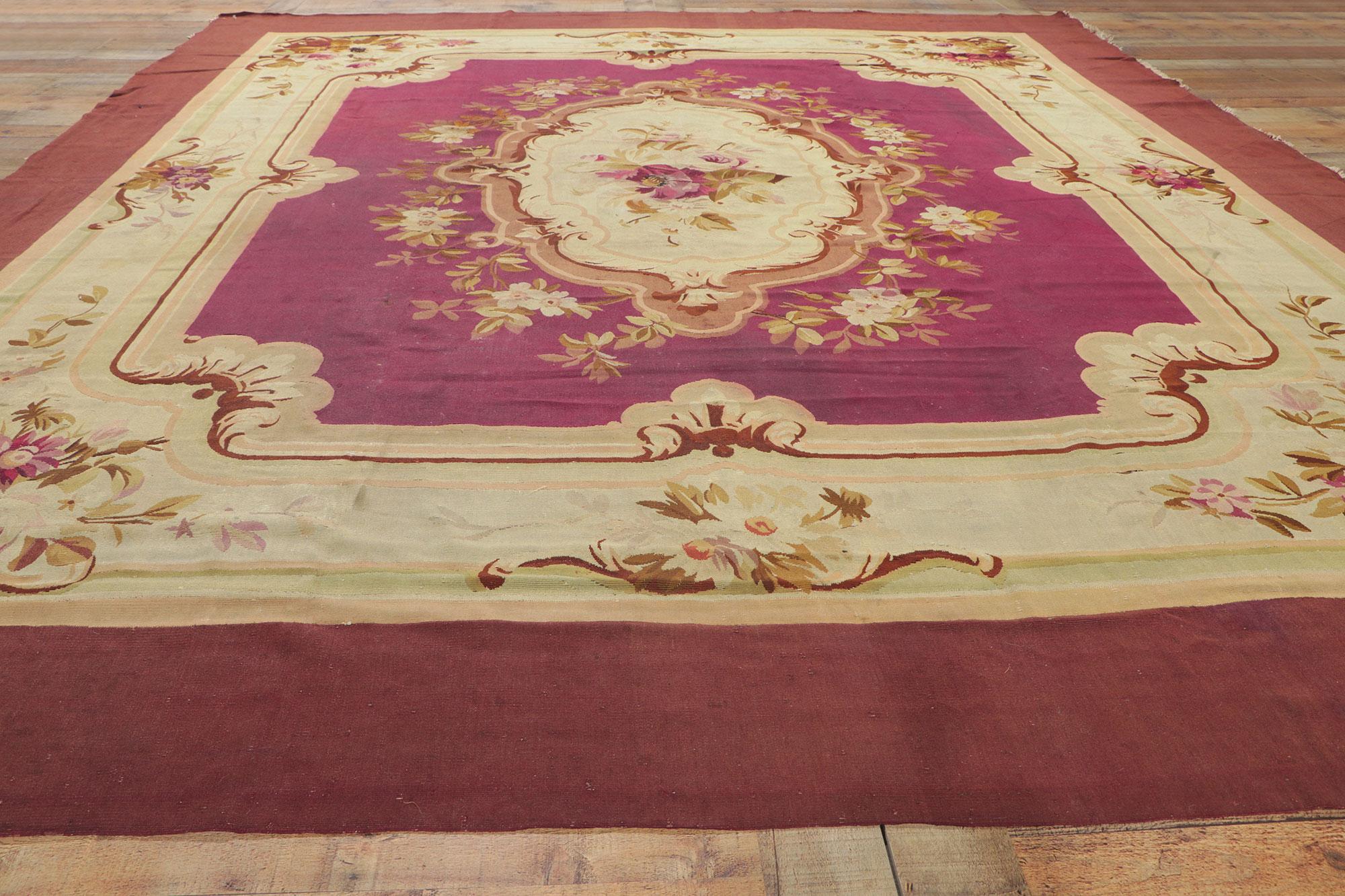 Antique French Aubusson Rug with Louis XV Savonnerie Rococo Style In Distressed Condition For Sale In Dallas, TX