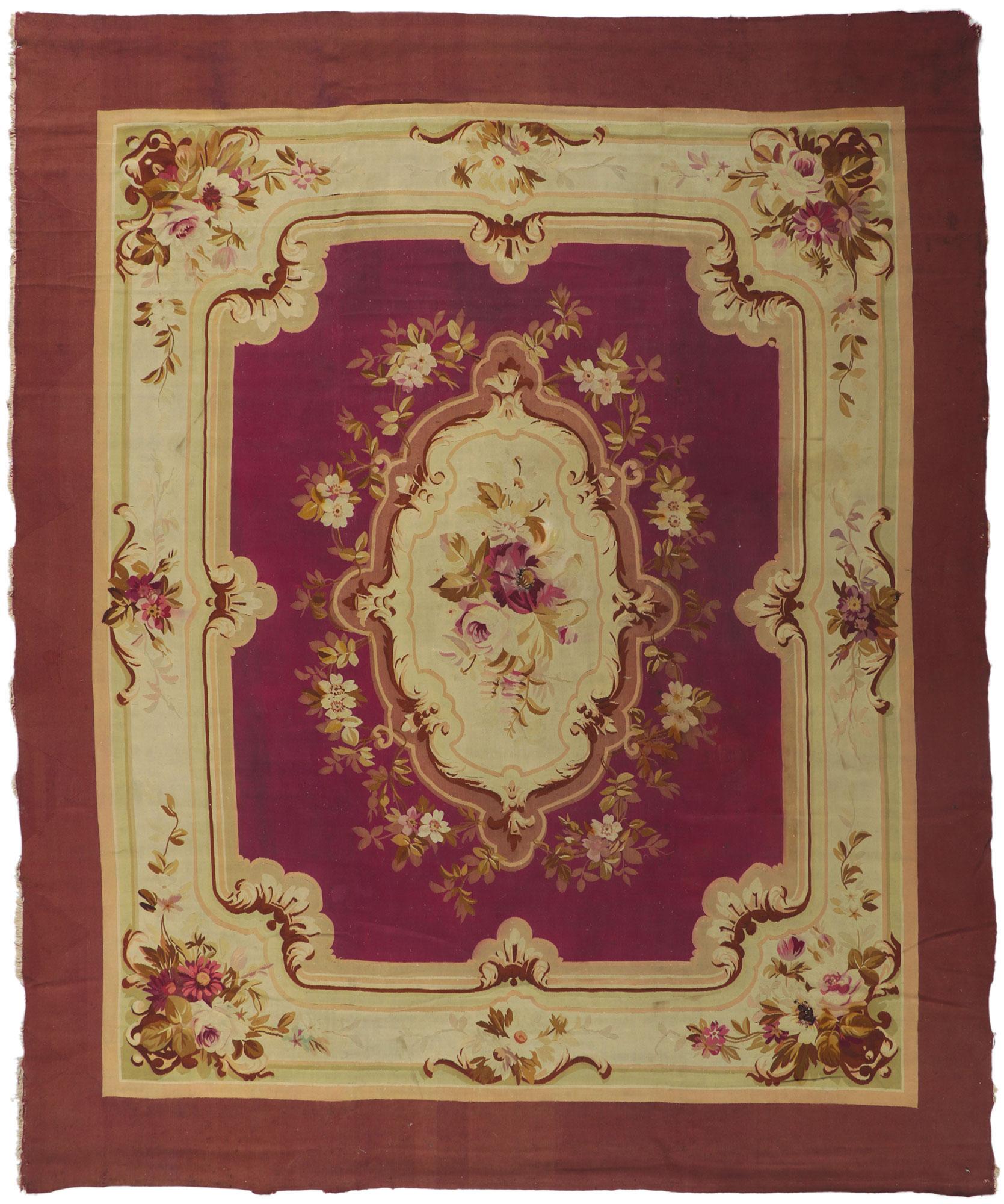 Wool Antique French Aubusson Rug with Louis XV Savonnerie Rococo Style For Sale