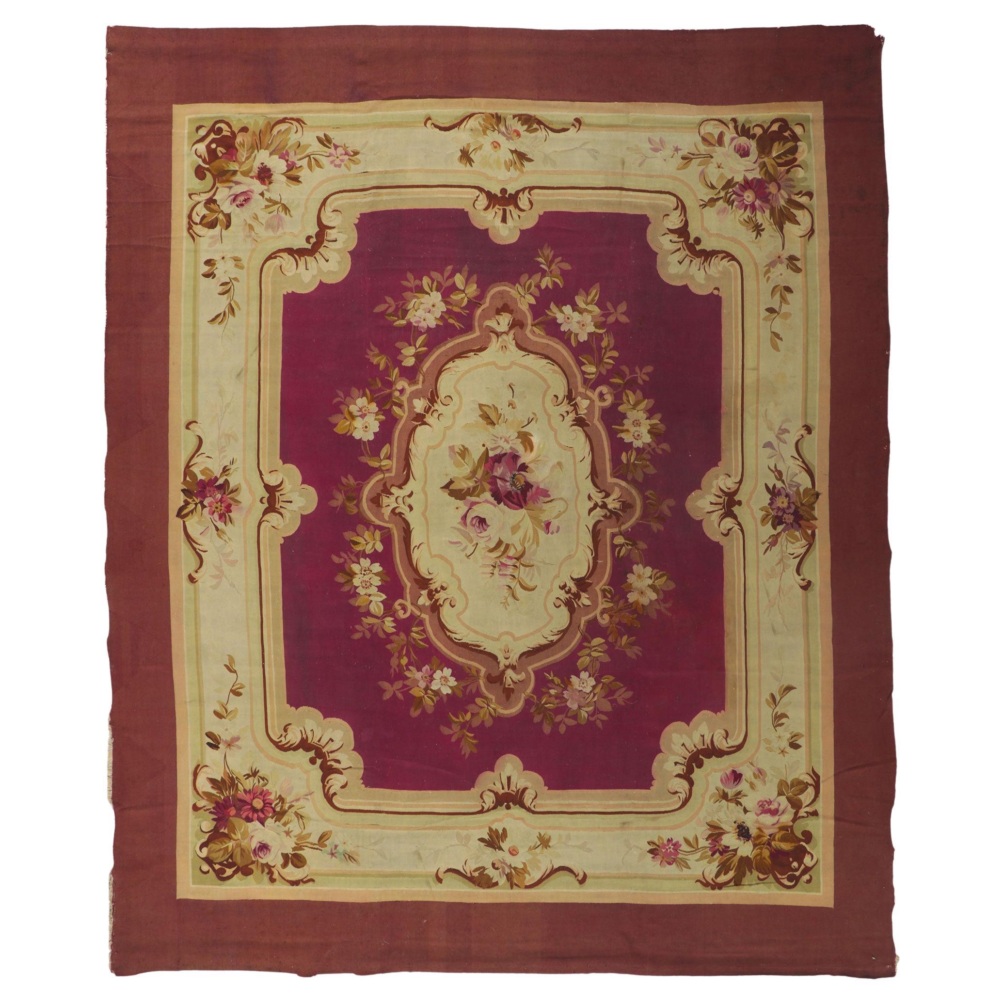 Antique French Aubusson Rug with Louis XV Savonnerie Rococo Style For Sale