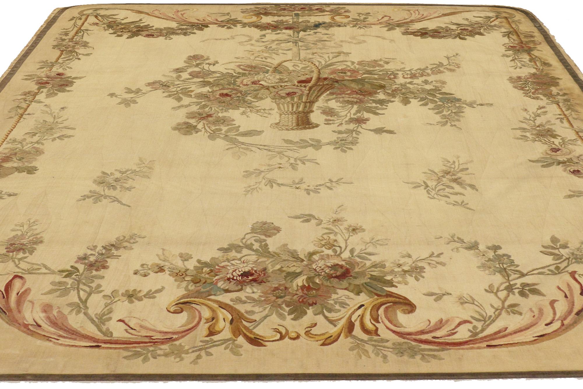 73014 Antique French Silk Aubusson Tapestry, 05'00 x 07'00. French Aubusson tapestries are exquisite handwoven textiles originating from the town of Aubusson in central France. Crafted using traditional tapestry techniques, these tapestries are made