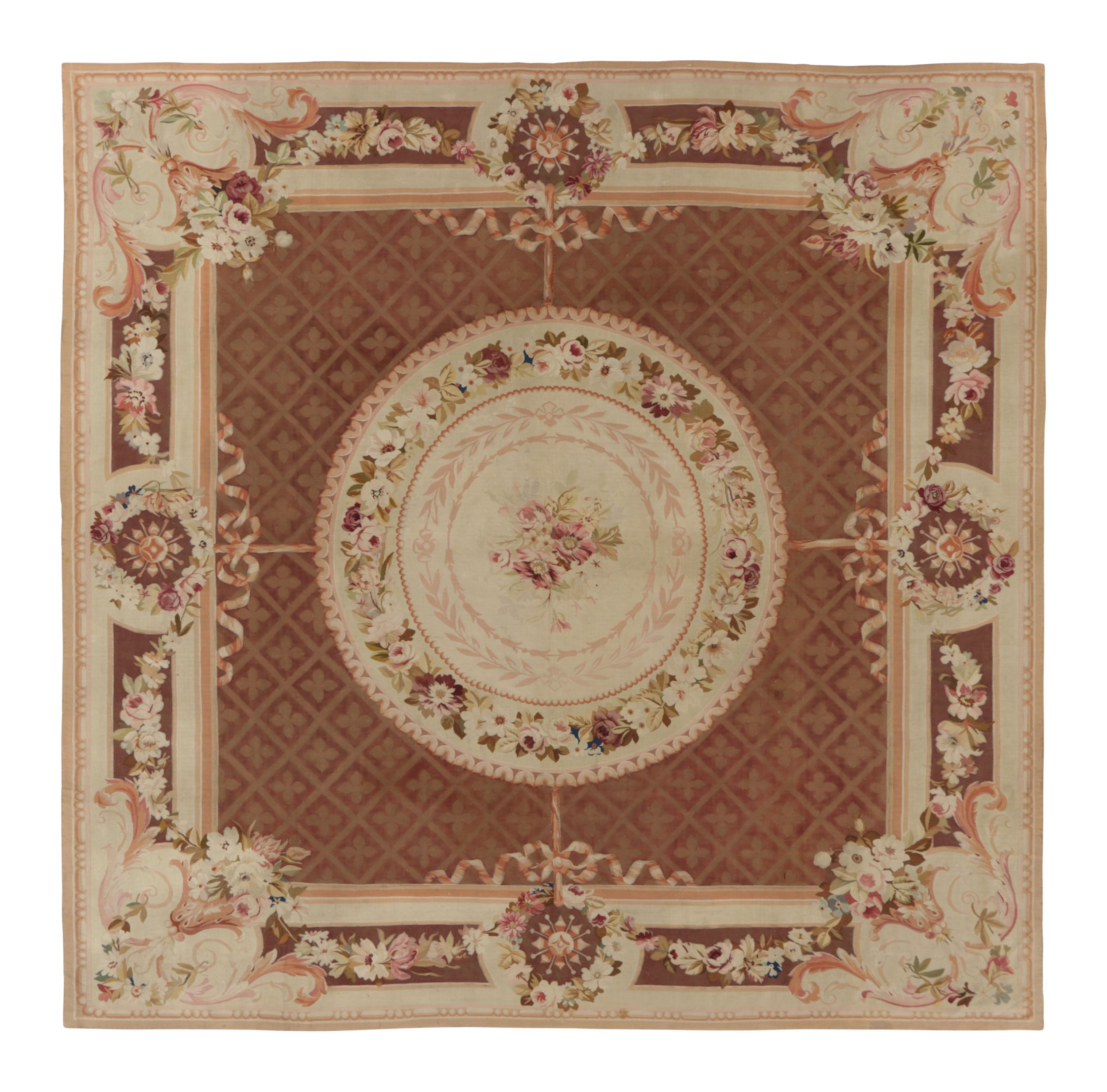 Antique French Aubusson Square Rug with Floral Medallion - Rug & Kilim