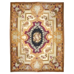 Antique French Aubusson Tapestry 14x17 Ivory, Black & Tan Handmade Area Ru