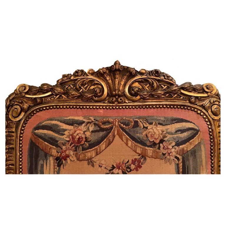 Antique French Aubusson Tapestry and Carved Gilt Wood 3 Panel Folding Screen, Circa 1865-1885.