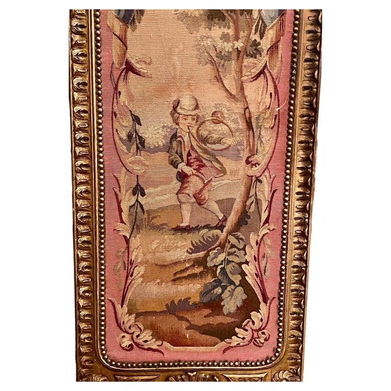 Francese Antique French Aubusson Tapestry 3 Panel Foldes Screen, CIRCA 1865-1885. in vendita