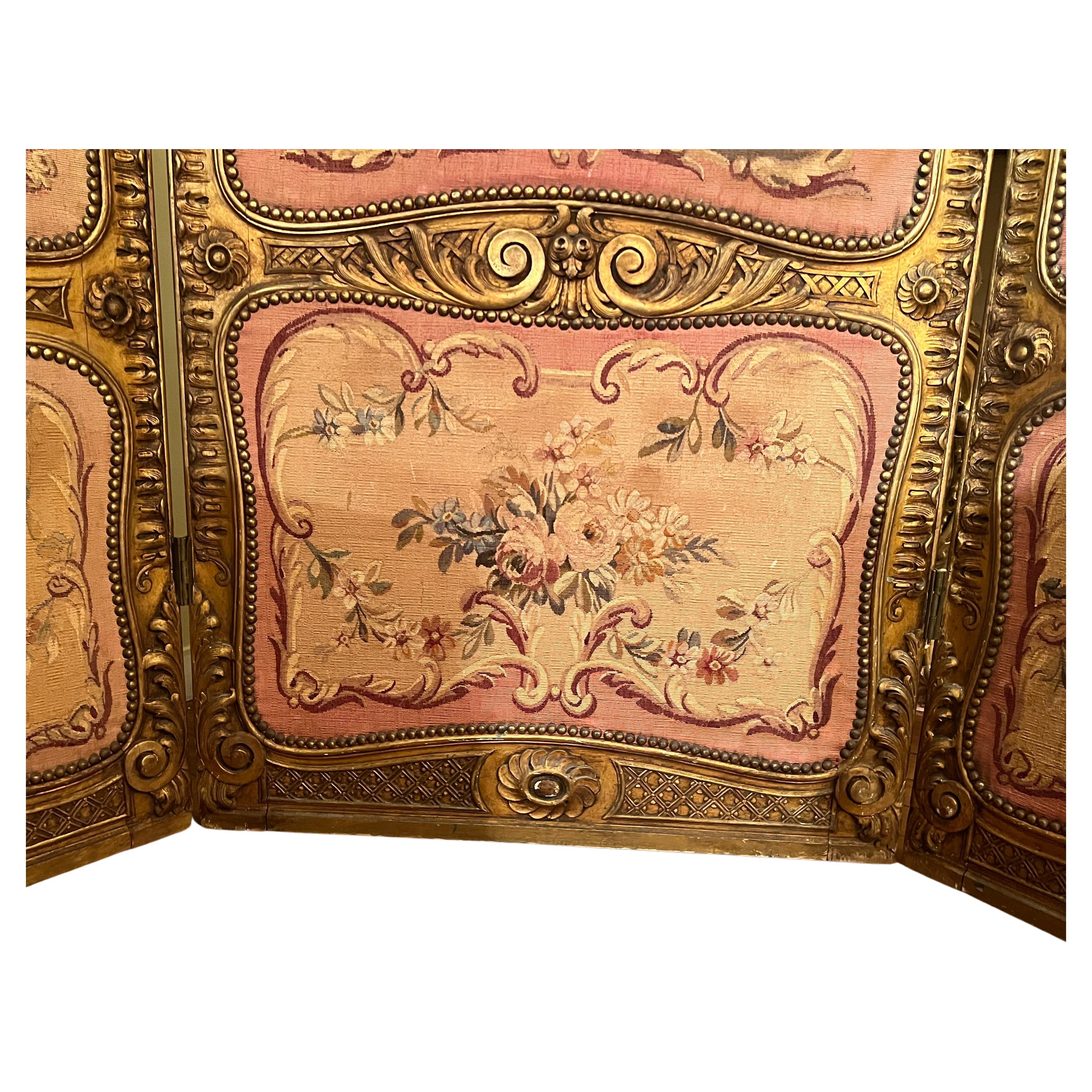 19th Century Antique French Aubusson Tapestry 3 Panel Folding Screen, Circa 1865-1885. For Sale