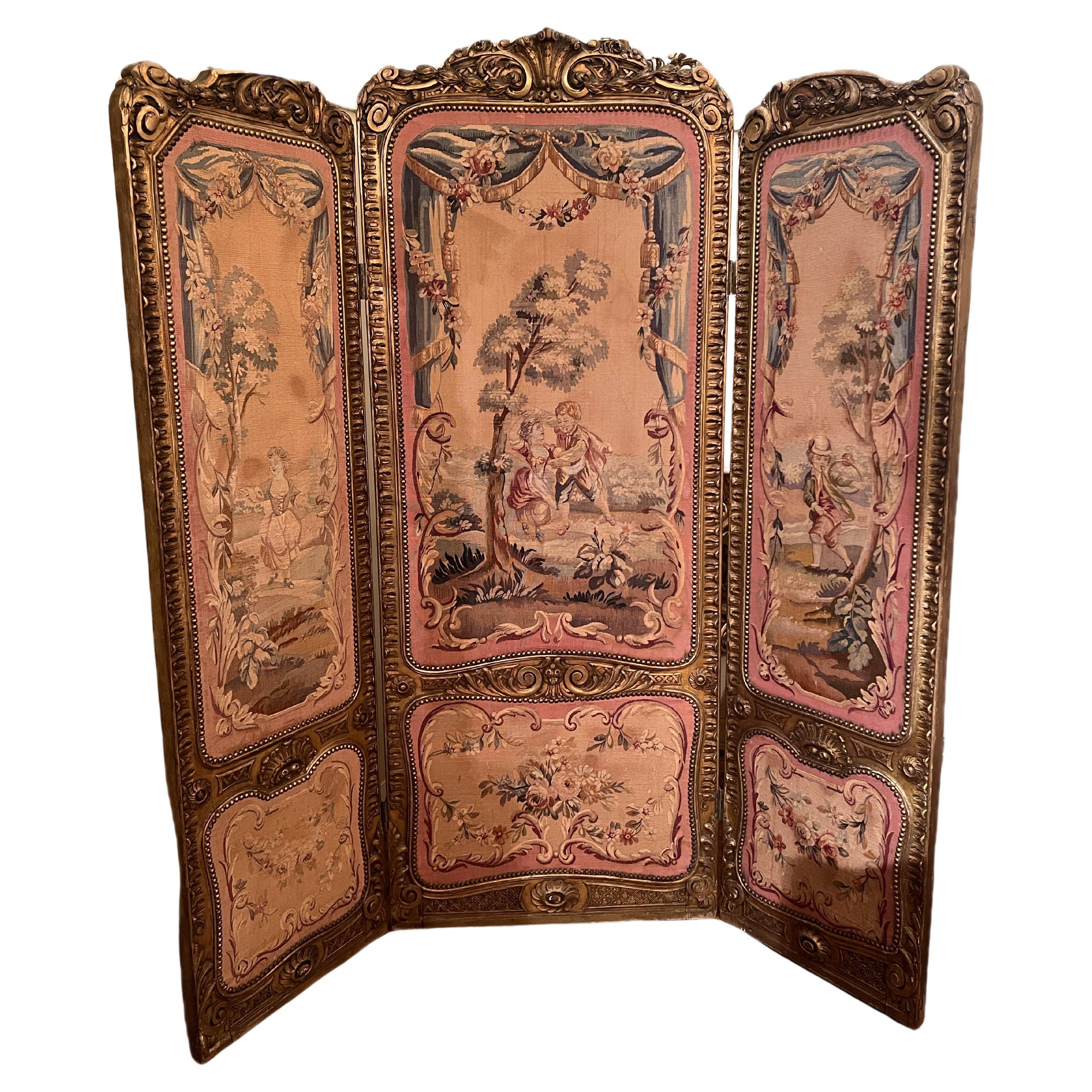 Antique French Aubusson Tapestry 3 Panel Folding Screen, Circa 1865-1885. For Sale