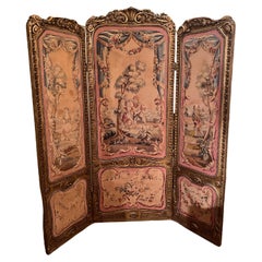 Antique French Aubusson Tapestry 3 Panel Folding Screen, Circa 1865-1885.