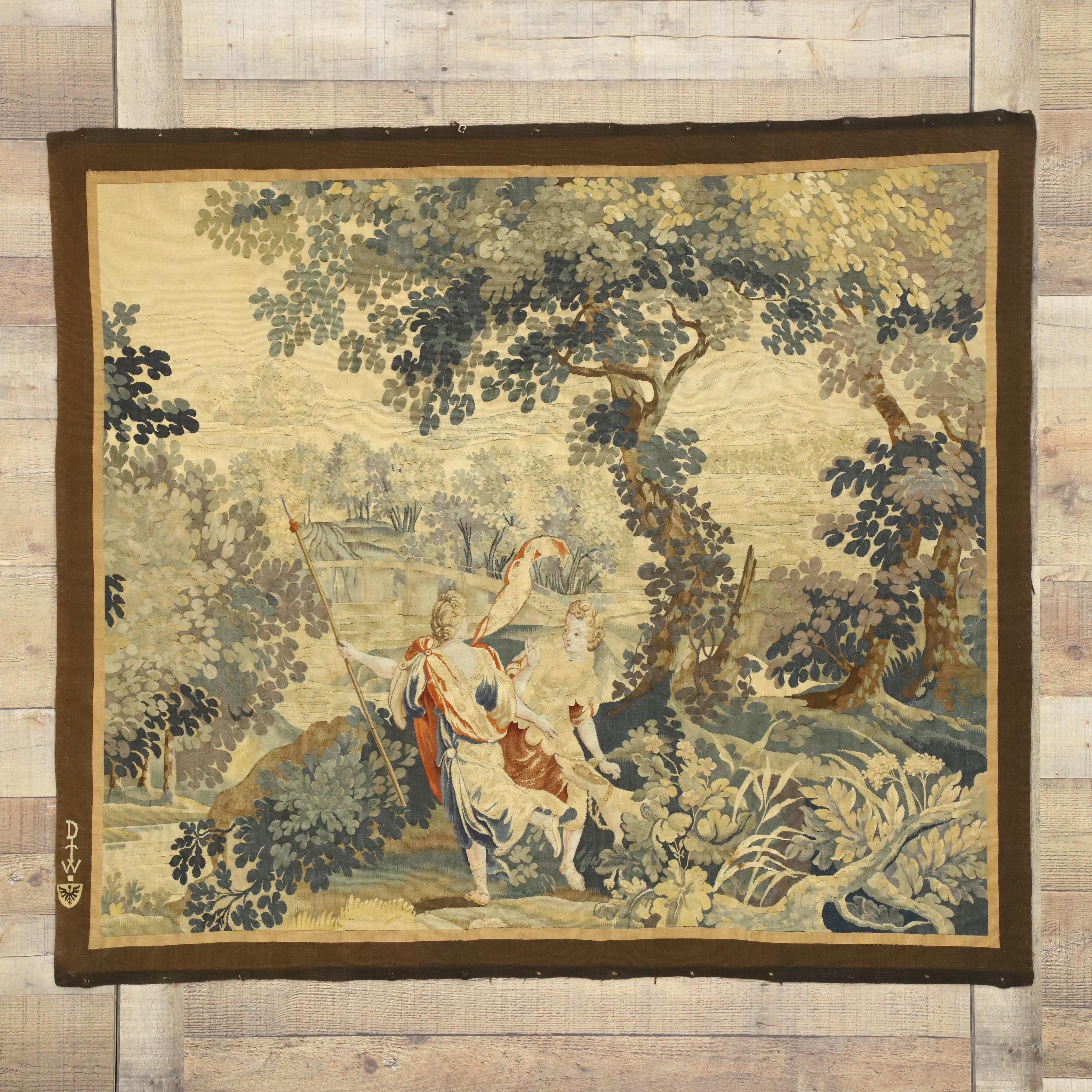 77209, Late 19th Century Antique Flemish Mythological Tapestry, Medieval Baroque Wall Hanging. Baroque charm and neoclassical style collide in this late 19th century antique Flemish Mythological tapestry. In a bucolic scene of the French