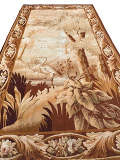 Antique French Aubusson Tapestry Birds Wool & Silk Large 5x9ft 148x280cm 1900