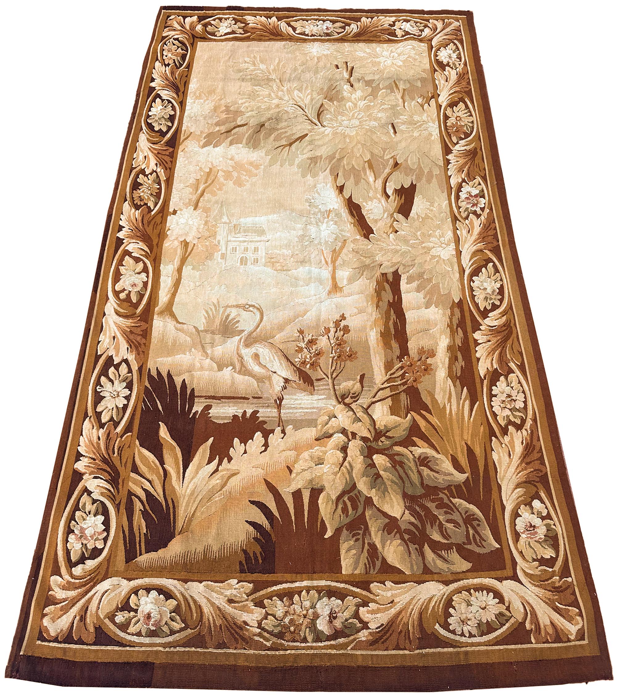 Baroque Antique French Aubusson Tapestry Birds Wool & Silk Large 5x9ft 148x280cm 1900 For Sale