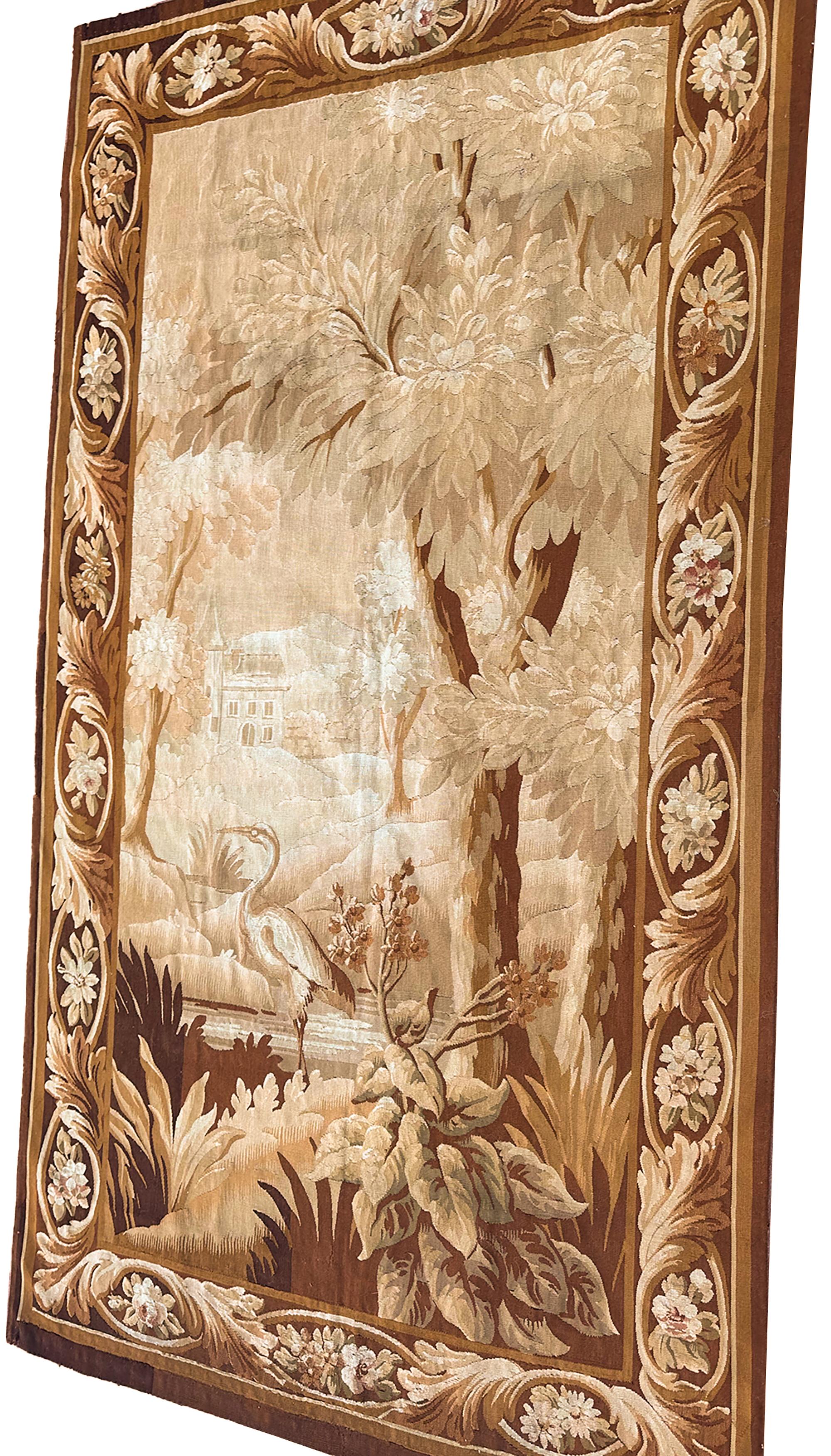 Antique French Aubusson Tapestry Birds Wool & Silk Large 5x9ft 148x280cm 1900 In Good Condition For Sale In New York, NY