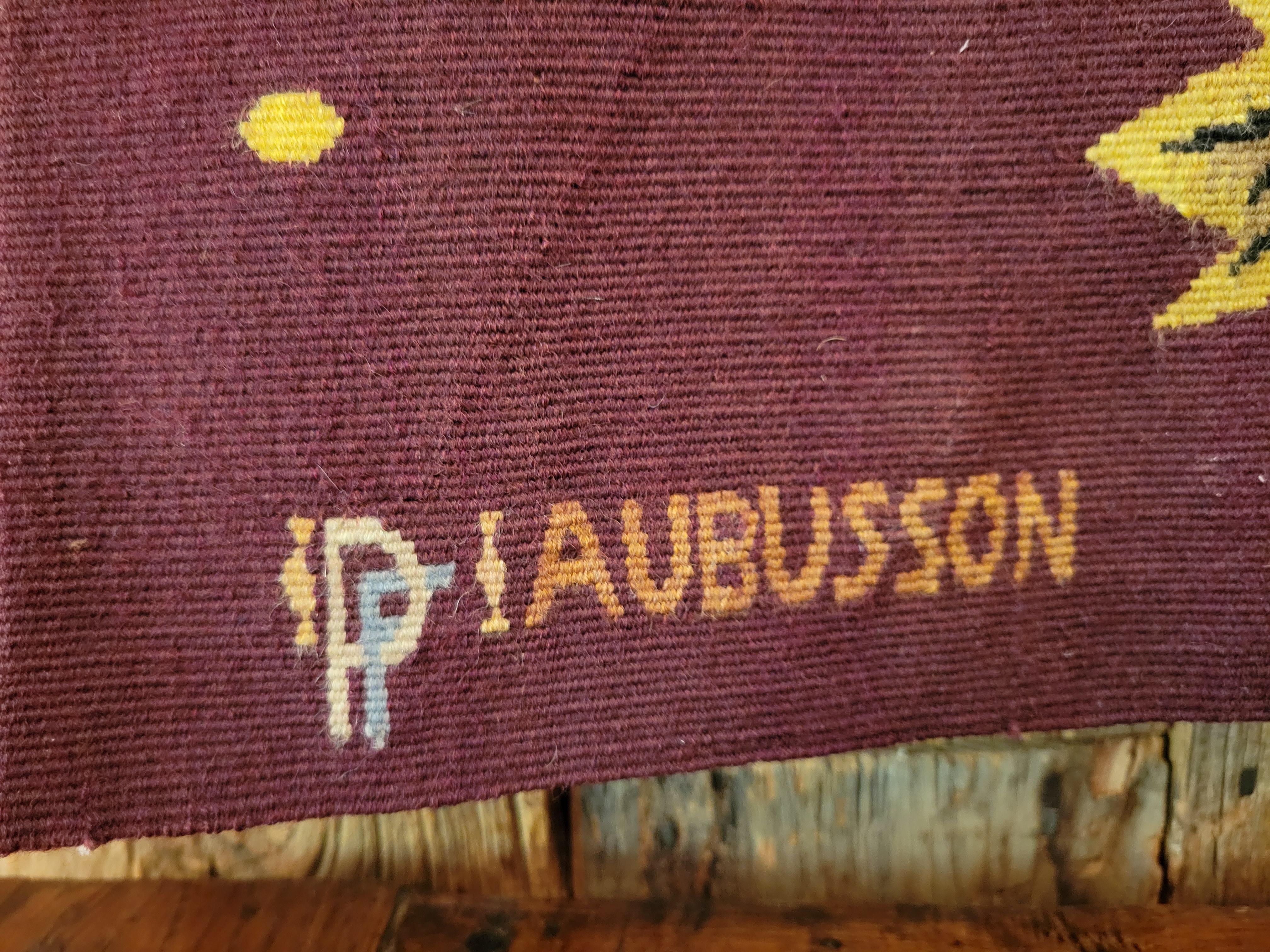 This beautiful Aubusson tapestry was designed by Jean Picart Le Doux (1902-1982) and so marked in the lower right corner. The colors have remained strong. We have this tapestry mounted on a single rod, so there is some movement in the photos.