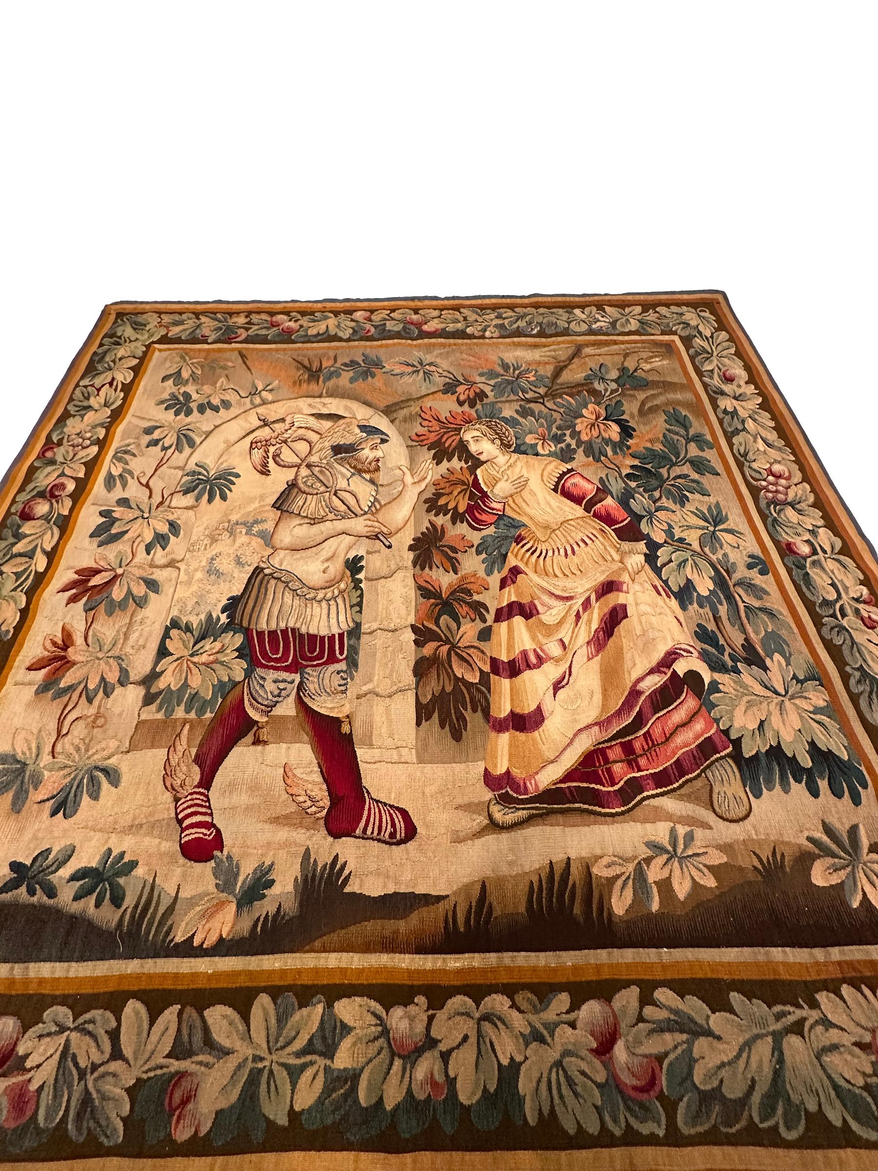 Antique French Aubusson Tapestry Hermes Mercury Wool & Silk Square 6x6 176x178cm In Good Condition For Sale In New York, NY