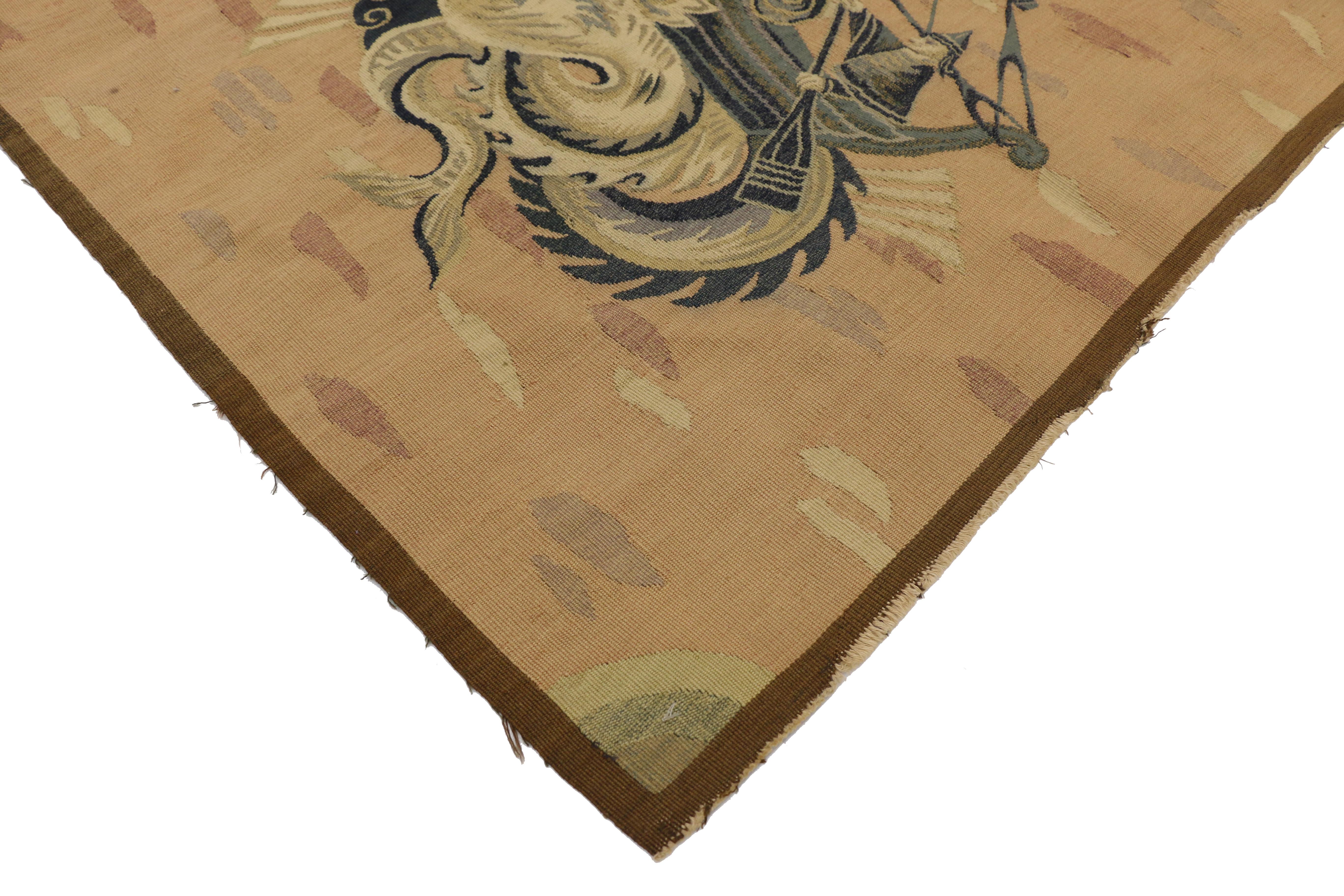 72244, antique French Aubusson tapestry, mythological sea dragon creature wall hanging. Drawing inspiration from Hippocampus and Nereids, this handwoven wool antique French Aubusson tapestry embodies a true Greek Mythical scene and Louis XIV style.
