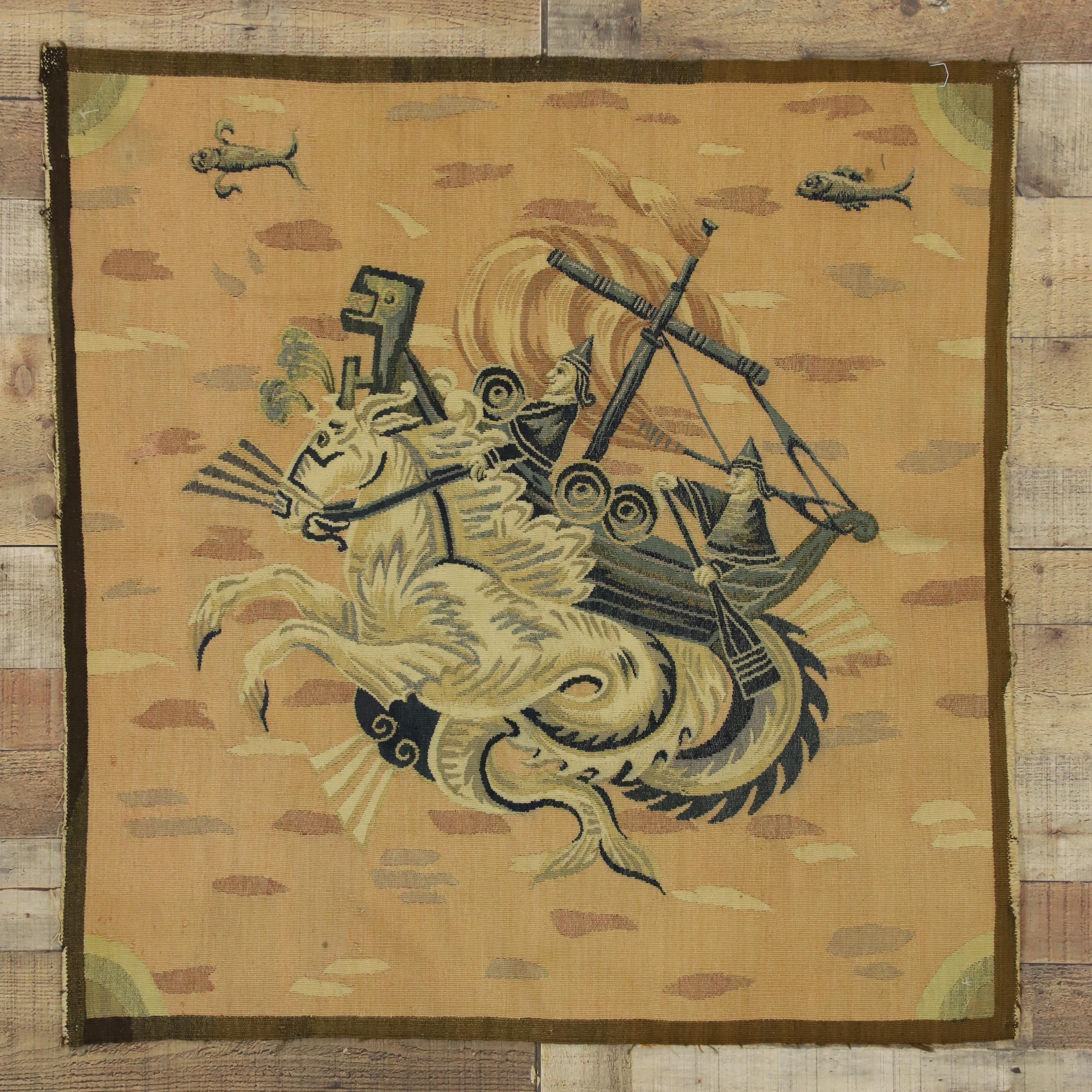 Hand-Woven Antique French Aubusson Tapestry, Hippocampus Greek Mythological Wall Hanging