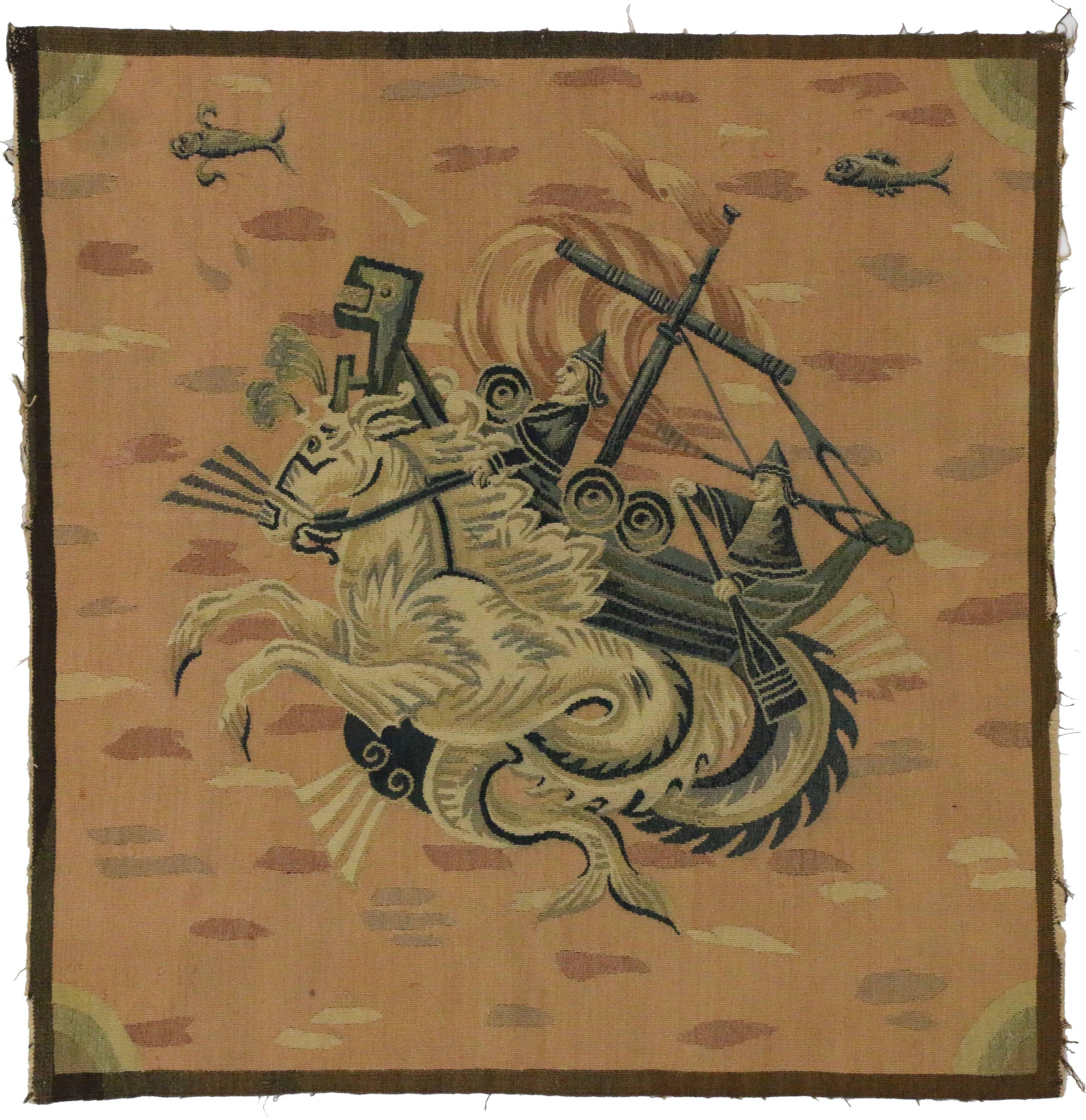 Antique French Aubusson Tapestry, Hippocampus Greek Mythological Wall Hanging In Good Condition In Dallas, TX