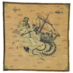 Antique French Aubusson Tapestry, Hippocampus Greek Mythological Wall Hanging