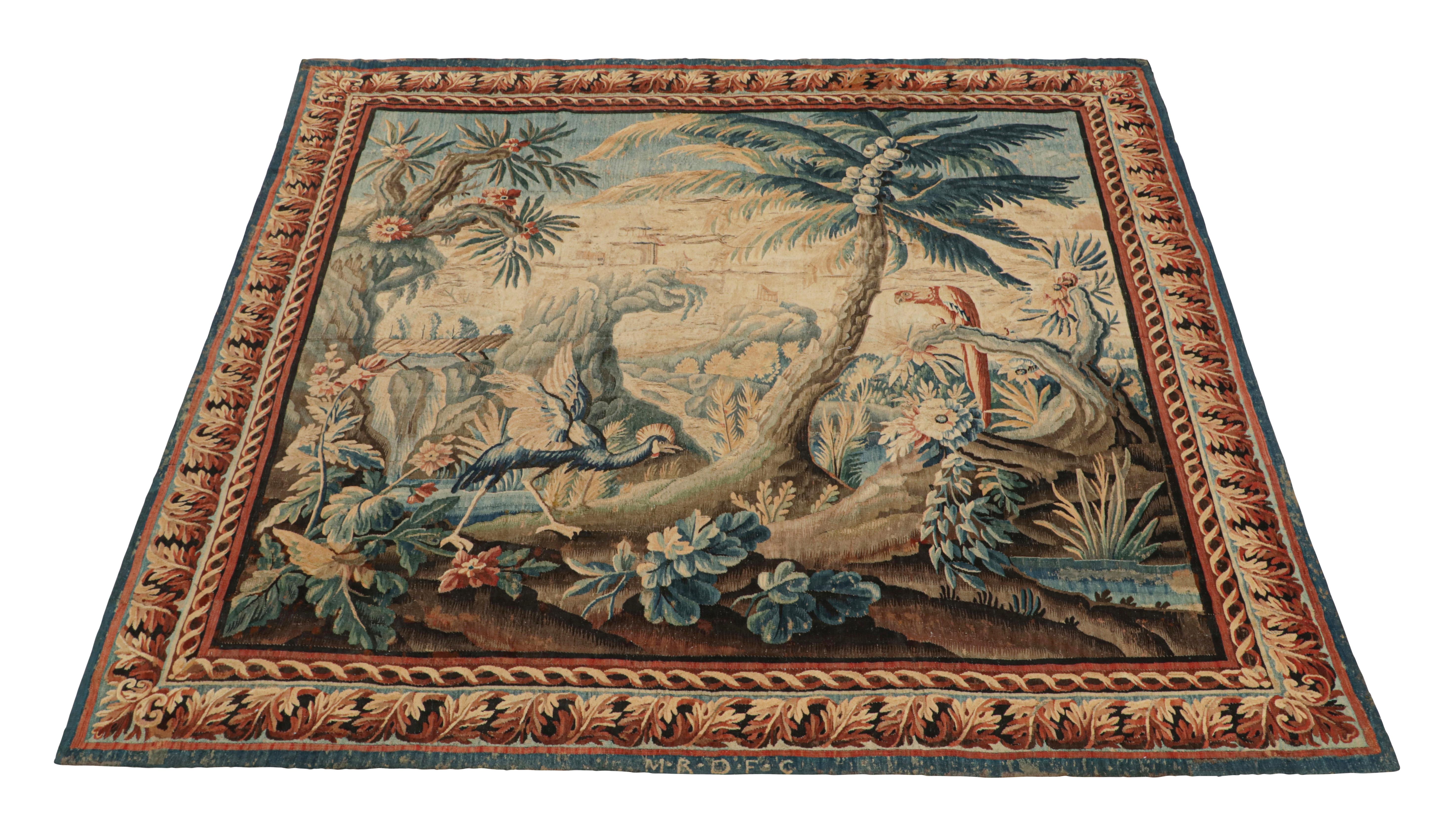 An antique 10x10 pictorial tapestry from France, handwoven in wool circa 1650-1660. This flat weave is a new addition to the most collectible European curations by Rug & Kilim. 
Further On the Design:
This 17-century Aubusson enjoys a bold